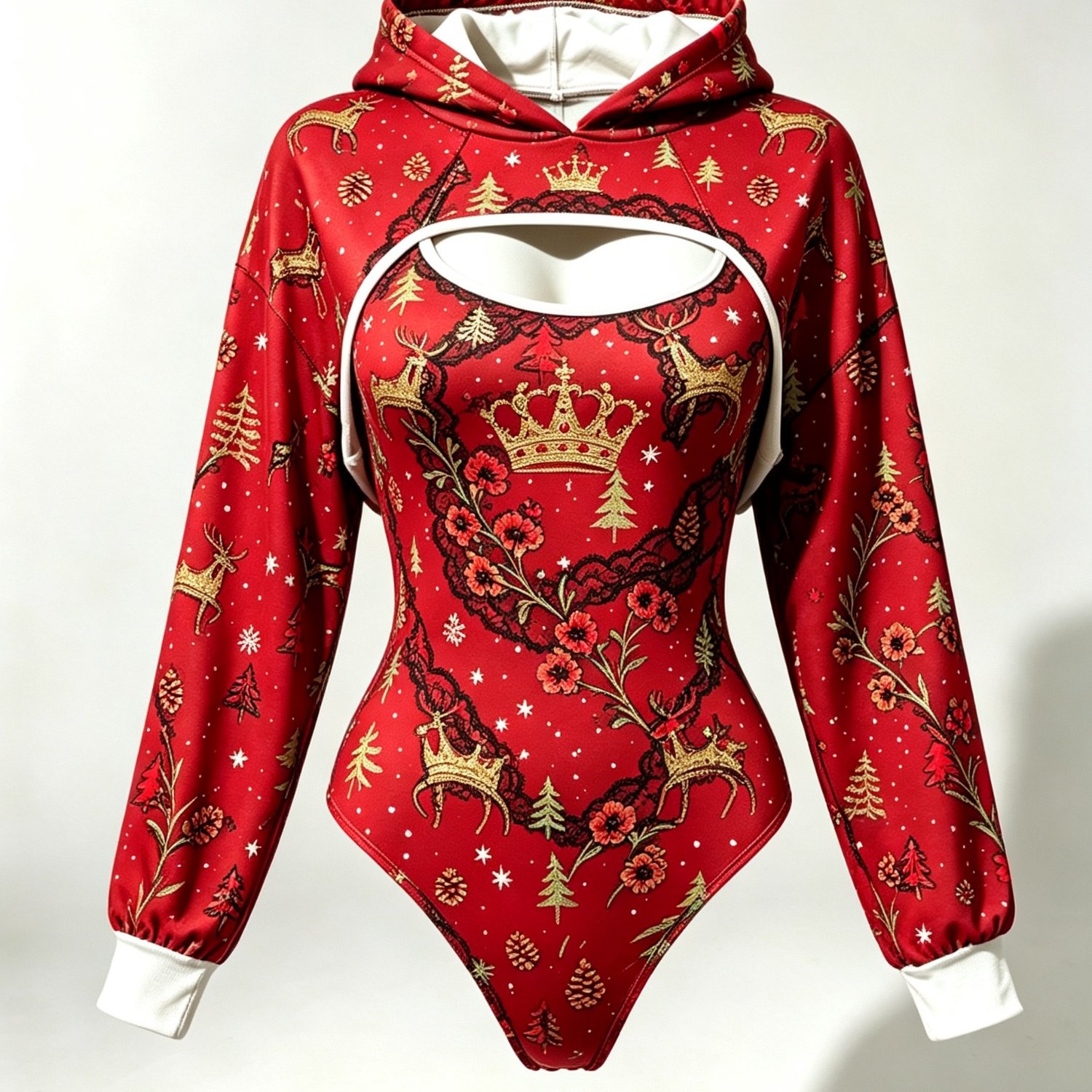 Image of Women's Plus-size 2pcs Set, Cut-out Hooded Cover-up & Printed Bodysuit, Loose Long-sleeve Hooded Top & Fitted Bodysuit, Reindeer Floral Print, Christmas Party Costume, Women Holiday 2pcs Outfit