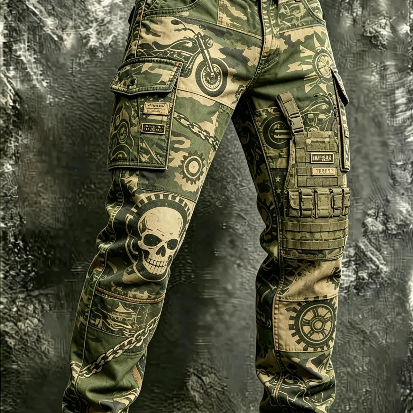 Image of Men's Vintage Skull And Motorcycle Digital Printed Cargo Pants, Multi-pocket Outdoor Riding Casual Trousers