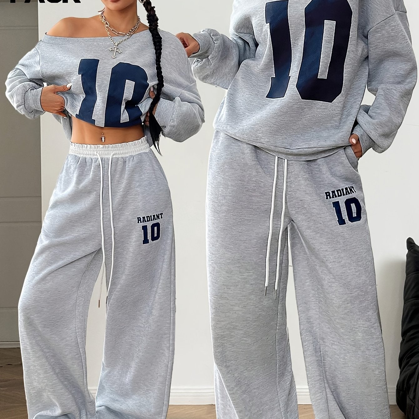 Warm Asymmetric Collar Long Sleeve Sweatshirt And White Elastic Waist Wide Leg Jogging Pants