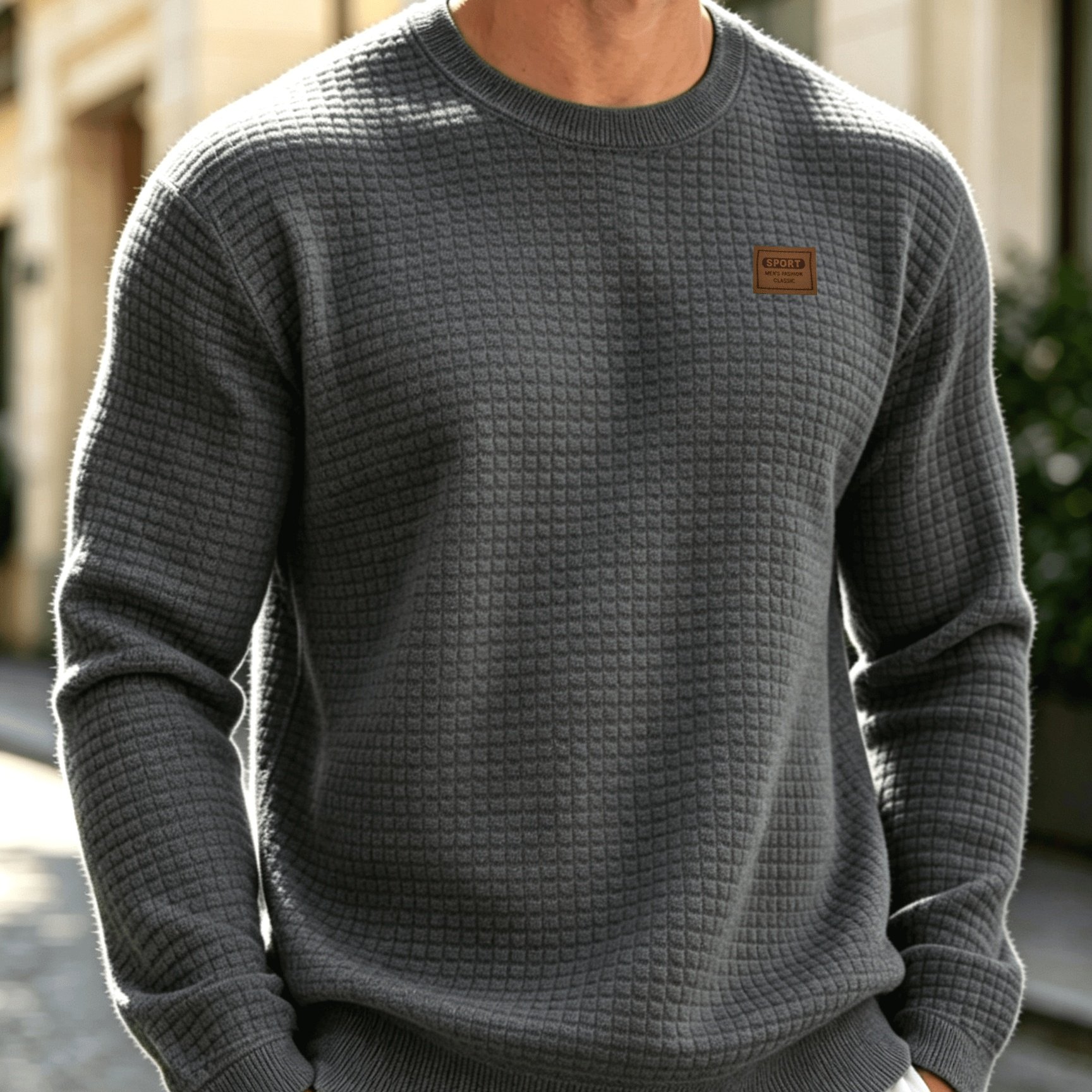 TEMU Men's Knit Round Neck Solid Small Checkered Pullover Sweatshirt, Casual Trendy Square Premium Men's Clothing