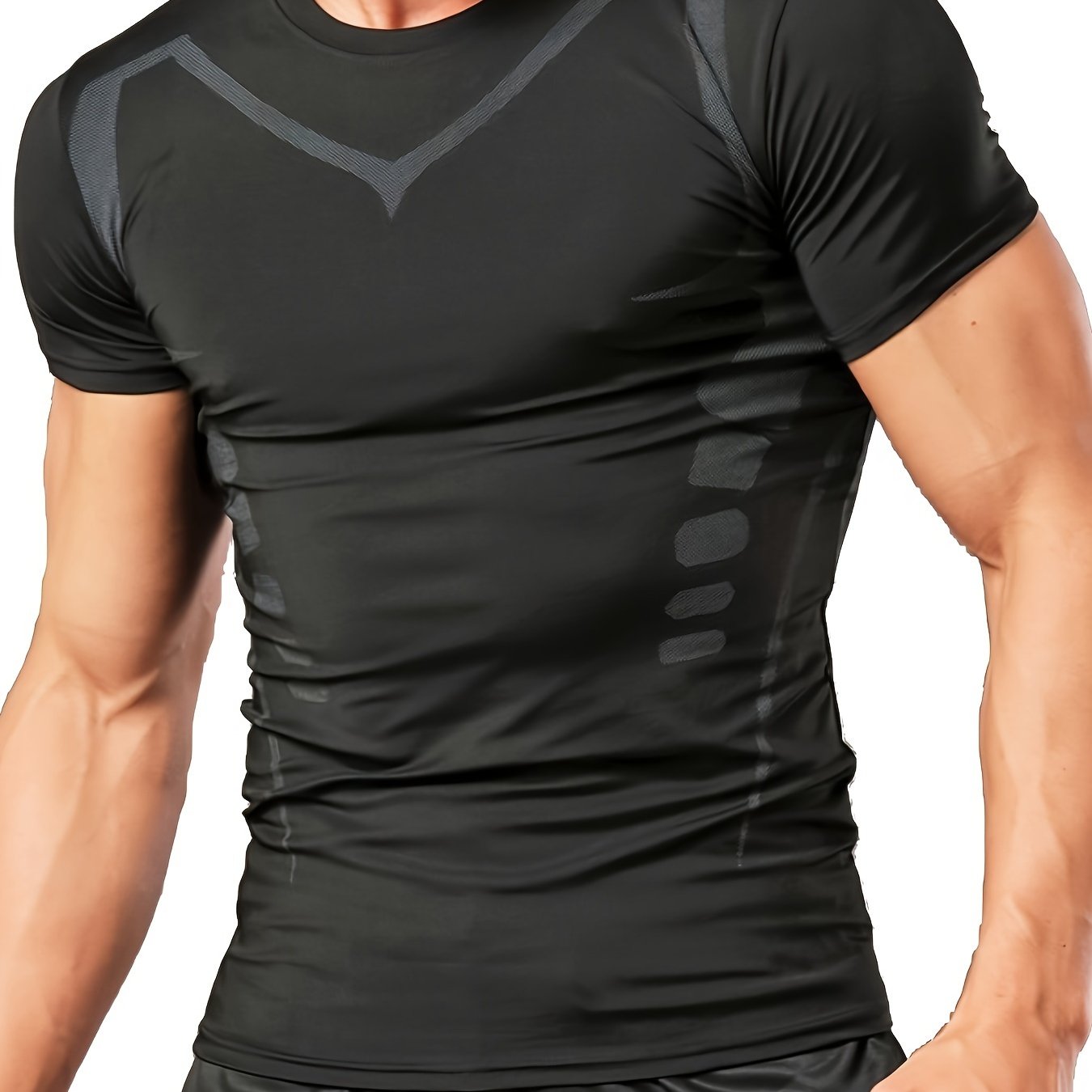 Image of High Stretch And Skinny Fit Geometric Pattern Crew Neck And Short Sleeve T-shirt, Men's Summer Fashion Tee, Quick Dry Tops For Fitness Running And Training Wear