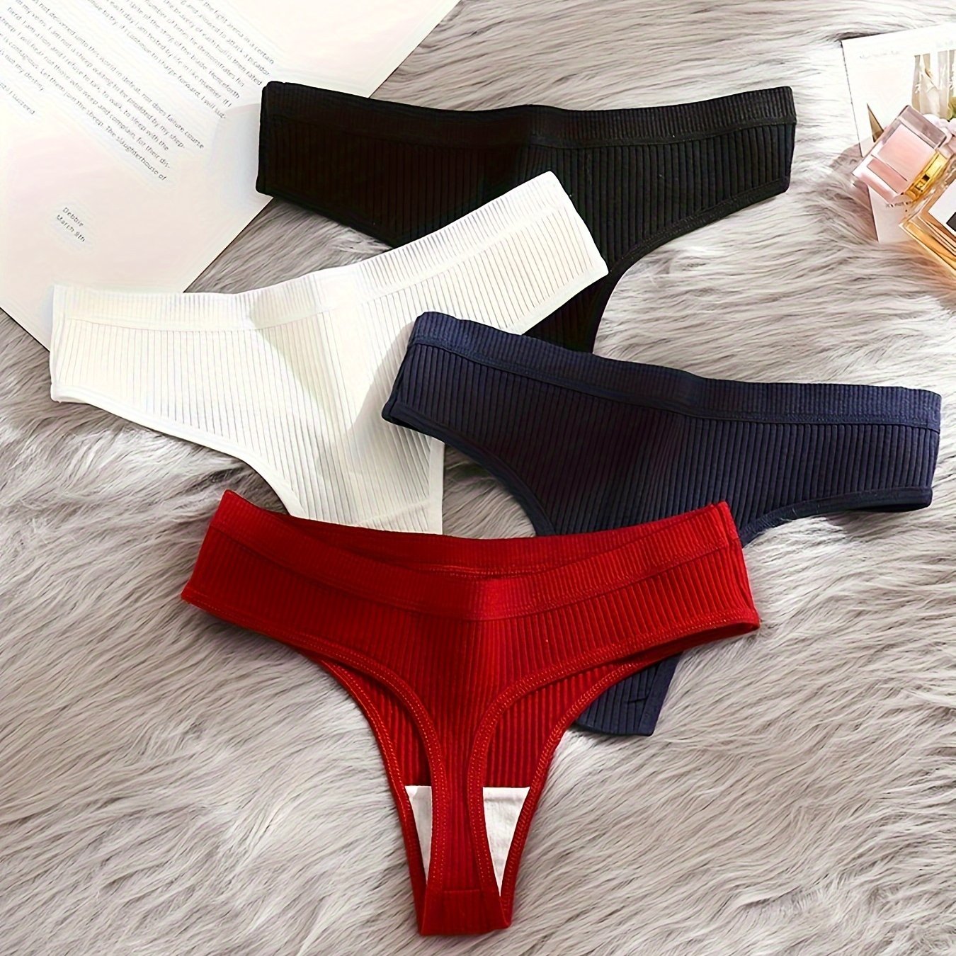 7pcs Ribbed Low Waist Thongs, Soft & Comfy Stretchy Intimates Panties,  Women's Lingerie & Underwear