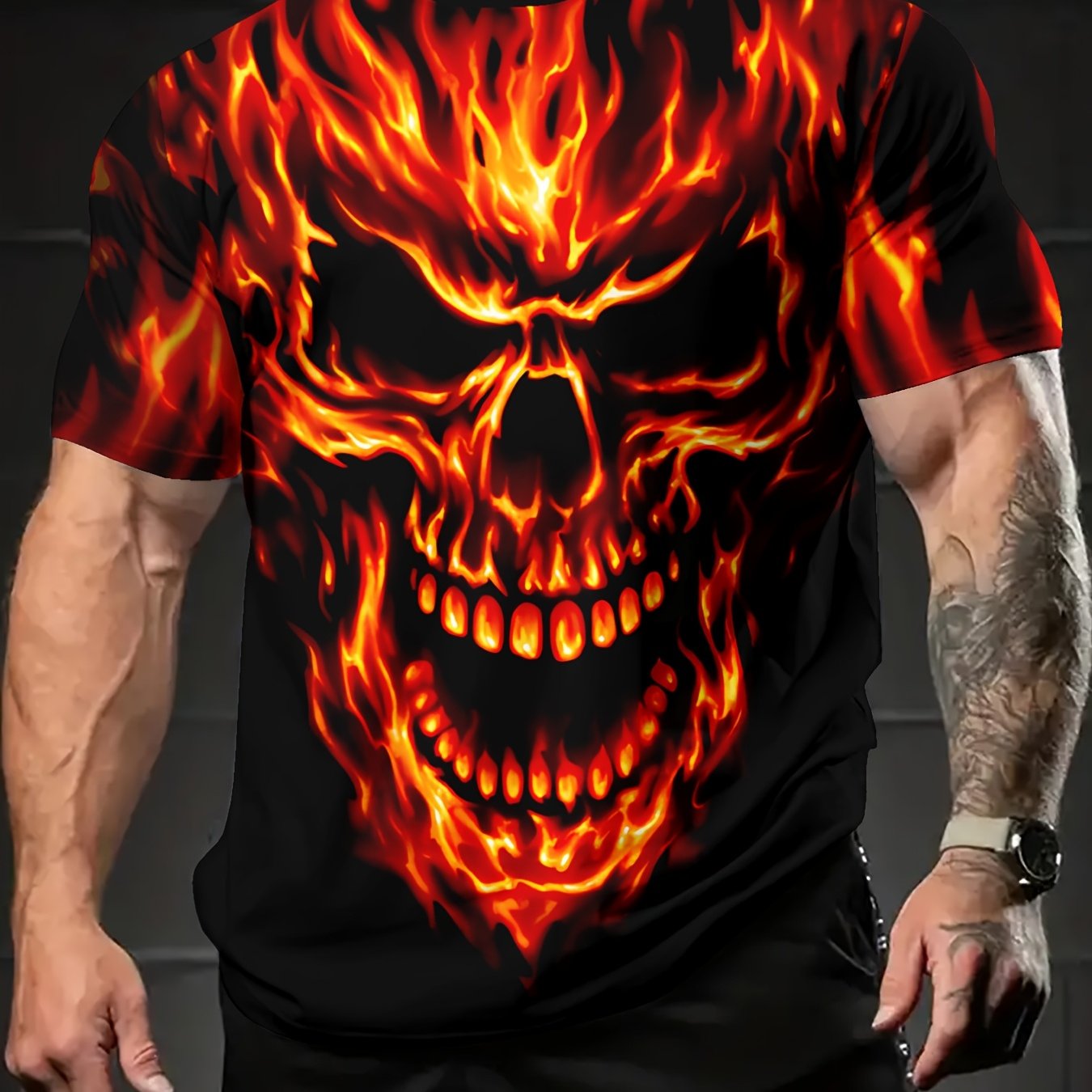 TEMU Men's Flame Skull Graphic T-shirt - Short Sleeve Summer Outdoor Sports & Home Apparel, Machine Washable Regular Fit, Skull Design Tee, Fashion