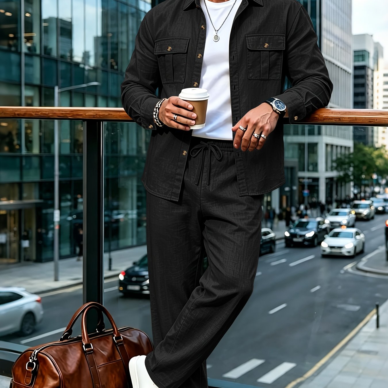 TEMU Men's Linen Shirt And Trousers Set, Casual Cardigan Button-up Long Sleeve Shirt With Chest Pocket And Button Design, Breathable Woven Linen