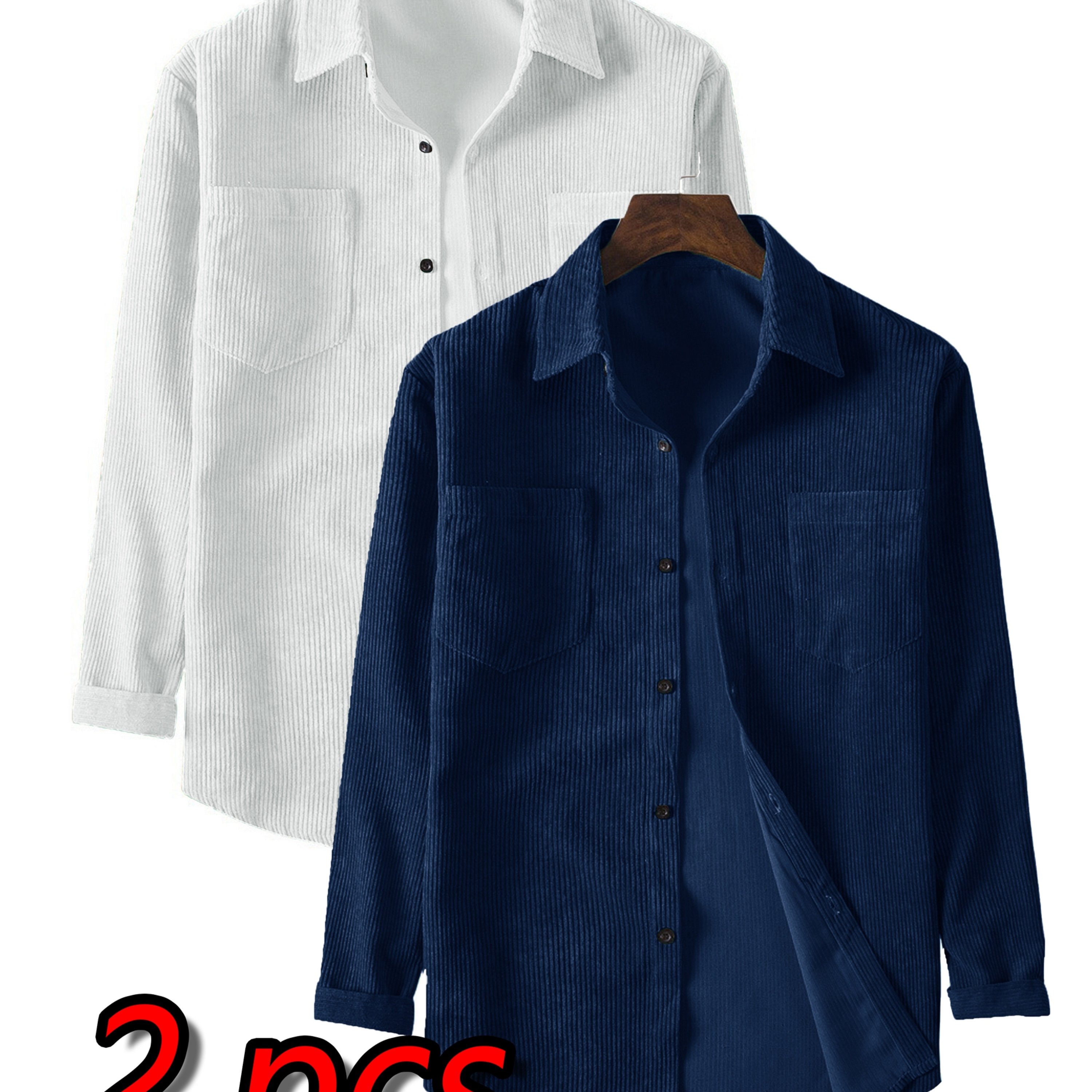 TEMU A Two-piece Set For Men Featuring A Corduroy Button-up Cardigan With 2 Chest Pockets, A Stylish Solid Color Striped Shirt, And Men's Apparel