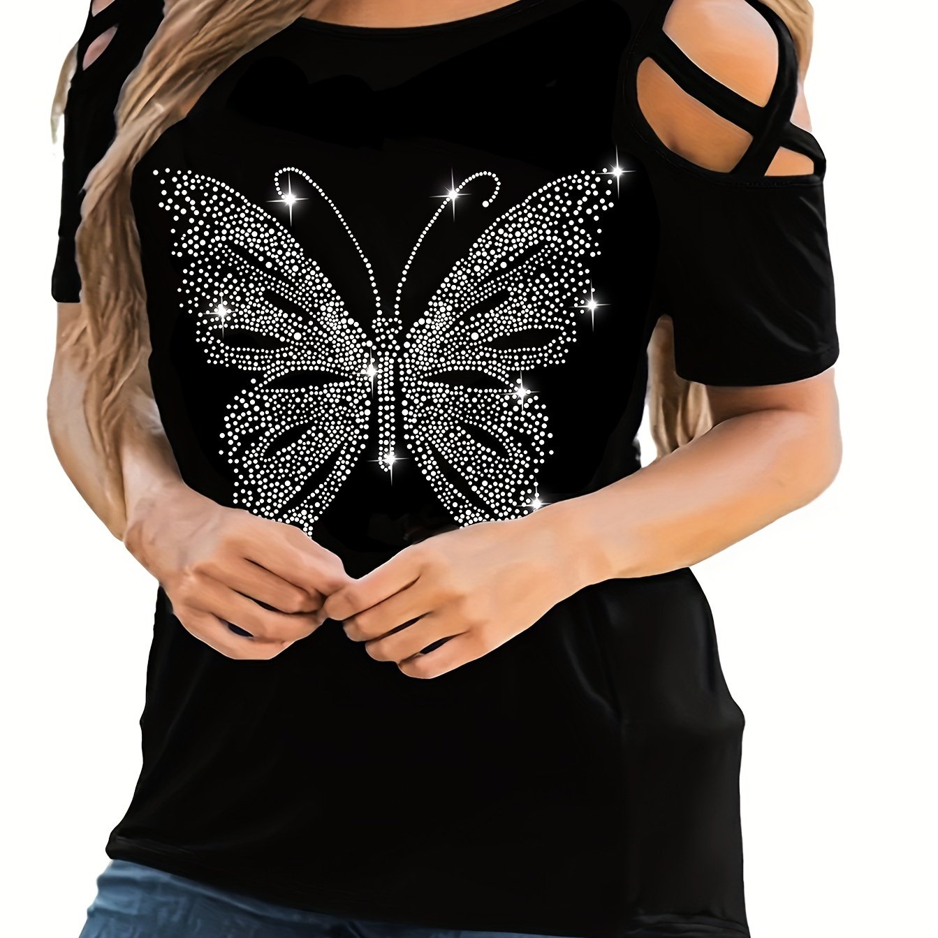 Elegant Women's Round Neck Rhinestone Off-shoulder Cross-back Short Sleeve T-shirt