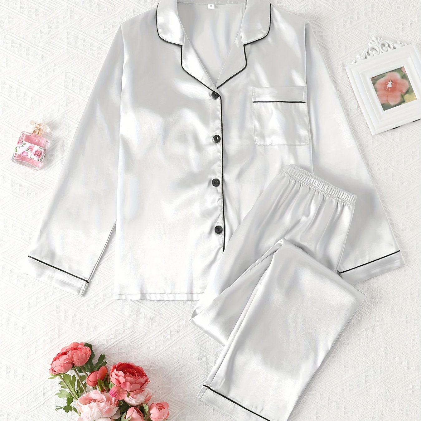 Women' Satin Casual Pajama 2pcs Set, Comfortable Collared Button-up Long Sleeve Top And Elastic Waist Long Pants