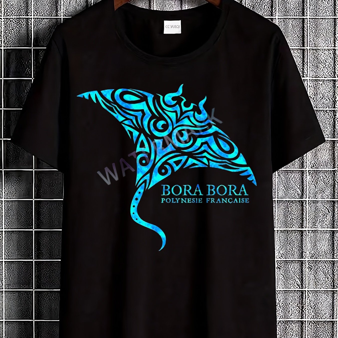 French T-shirt - Black With Blue Tribal & Bora Bora Print, Short Sleeve Round Neck Casual Beach Shirt Suitable For Vacation Travel, Machine Washable For Wear, Non- Apparel