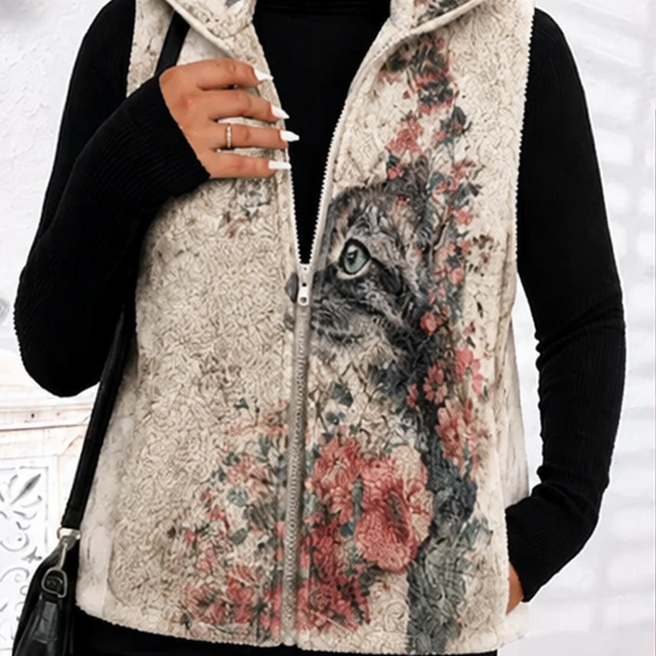 Image of Plus Size Women's Collar Zipper Warm Plush Sleeveless Vest Jacket For Women, Fuzzy Zip-up Vest With Cat And Floral Print For Women, Cozy Winter Wear Suitable For Autumn And Winter Outdoor Warm Wear