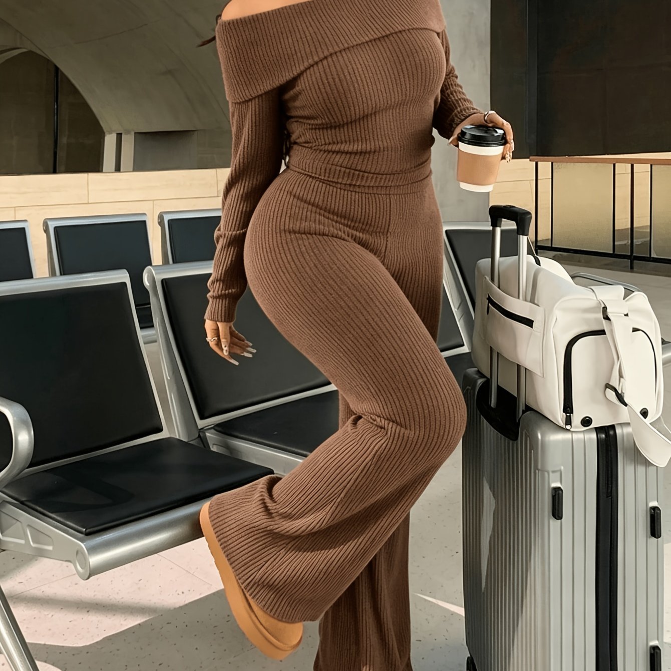 TEMU 2pcs Shoulder Ribbed Top Pants, Long Sleeve Top With Wide Leg Pants, Elastic Casual Loungewear Set