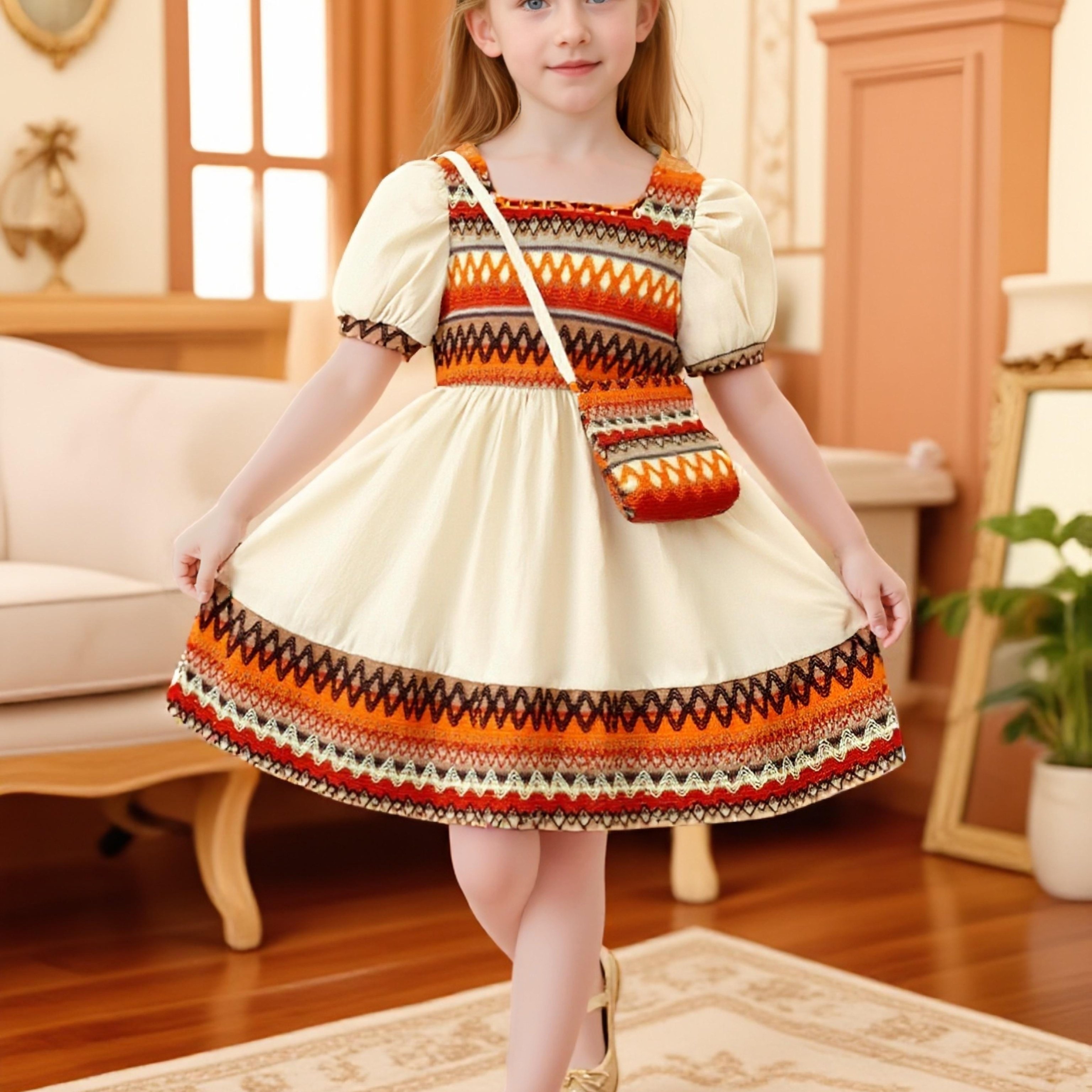 Girls' Dress Spring Summer Autumn Material Puff Sleeve Bag Knee-length Square Neck Retro Casual Basic Daily (basic All-match) Elegant Fashion Easy Outdoor Pullover Style