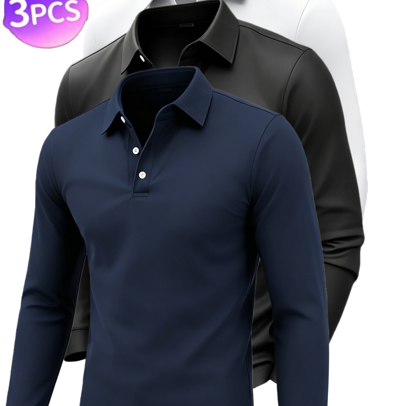 3pcs Summer Fashion Men's Long-sleeved Shirt With Collar For Casual Sports And Golf Attire