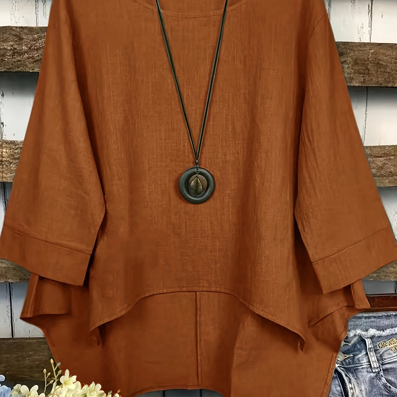 TEMU Solid Color Round Neck Asymmetrical Hem Shirt