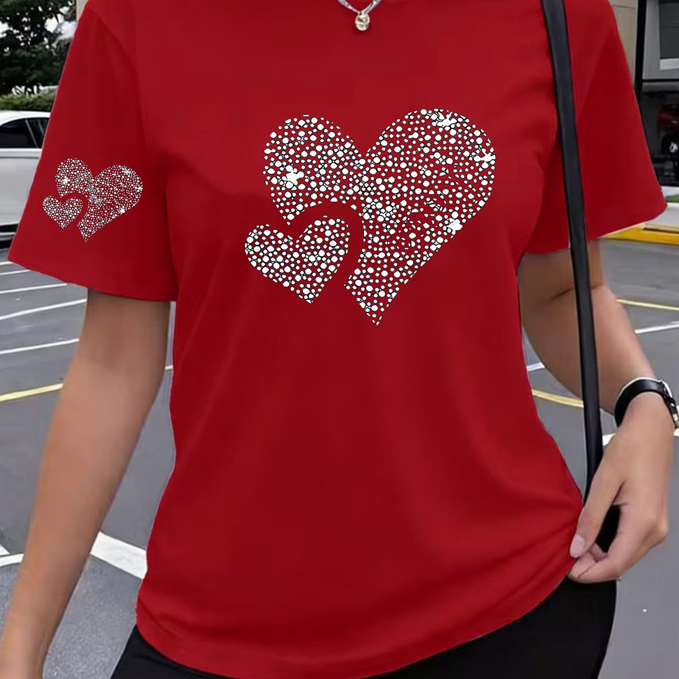 TEMU Women's Soft Breathable Short Sleeve T-shirt - Love Heart Print Round Neck Casual Blouse Top, Stretchy Polyester Fabric Suitable For Daily Wear,