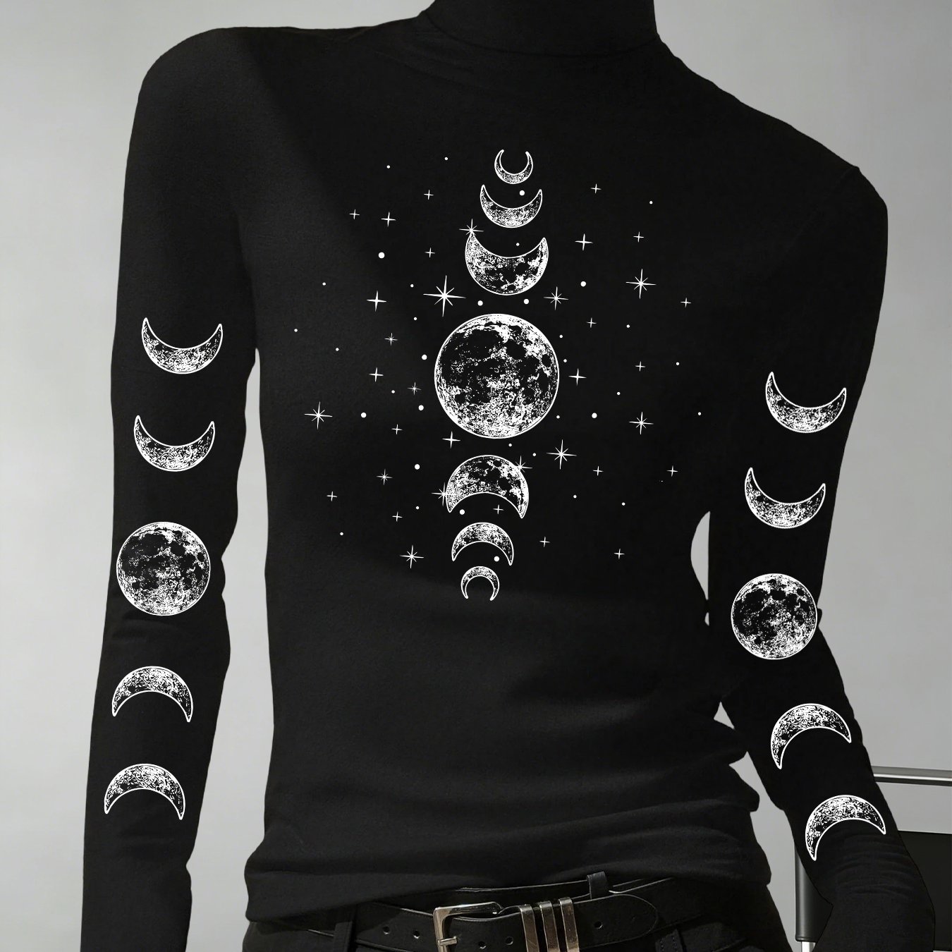 TEMU Phase Starry High-neck T-shirt Women's Dark Style Slim Fit Long-sleeved Base Shirt Women's Y2k Long-sleeved Top
