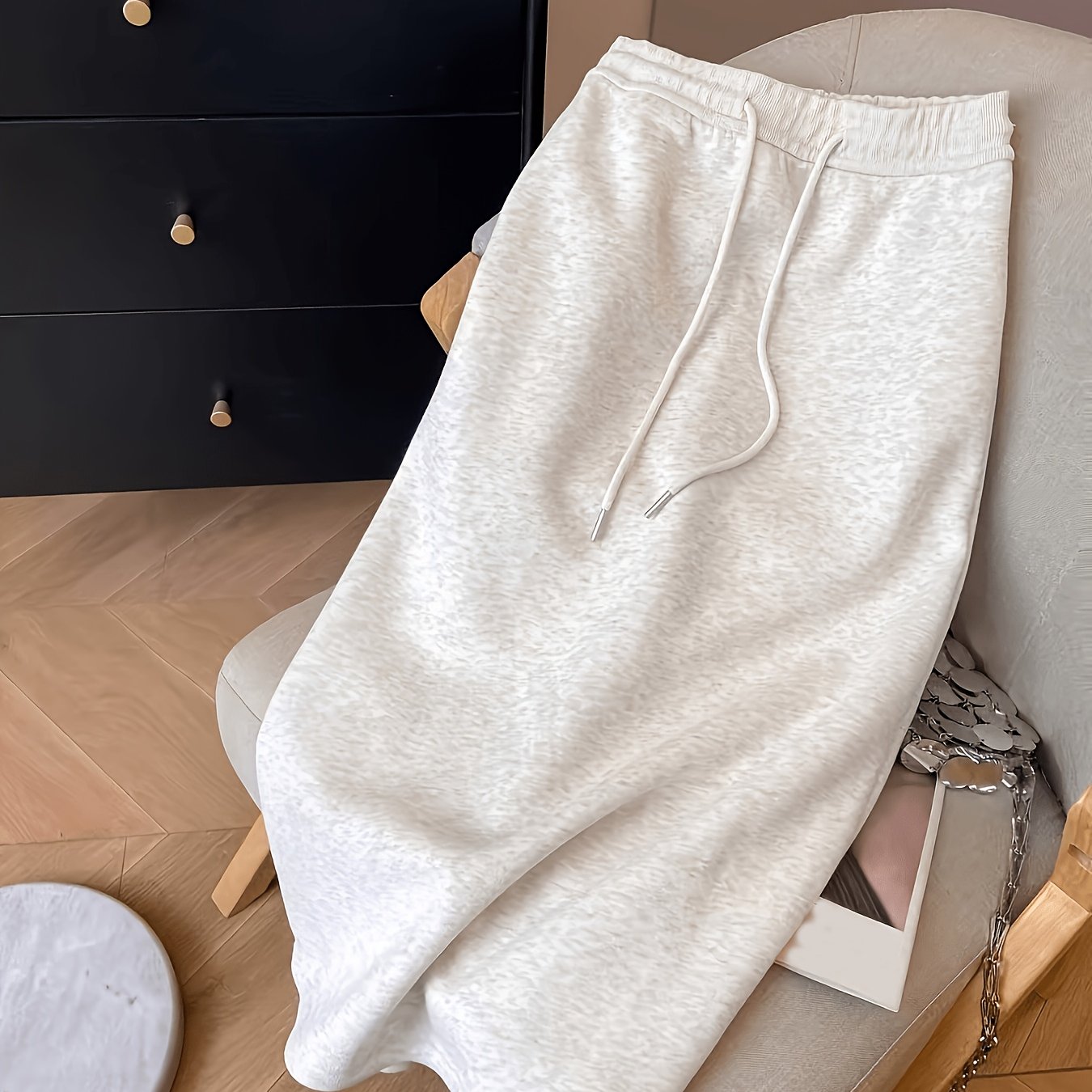TEMU Easy Grayish-white Elastic Waist Dress, Casual Flowing Straight Over-the-knee Skirt (niannian)