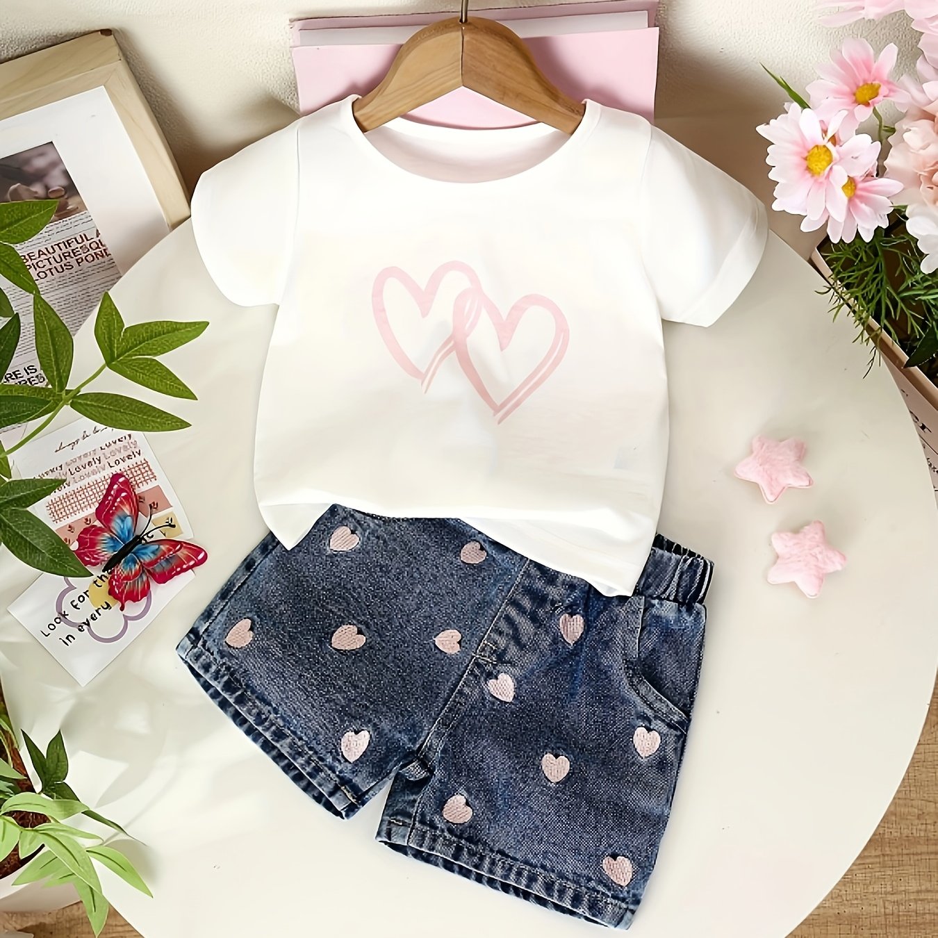 2pcs Valentine's Day Summer Girls' Set: Heart Shorts With Print Short Sleeve Top, Very Cute, Perfect For Outdoor