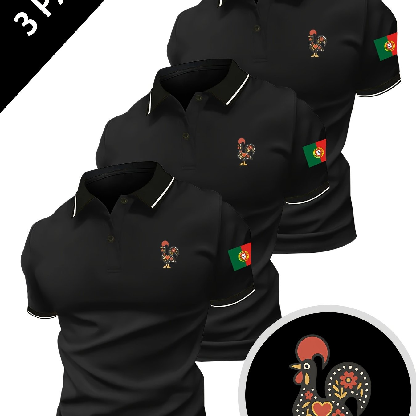 TEMU Ensemble de 3 polos pour homme avec imprimé coq et drapeau du Portugal ' est , est que j'aime', national, t-shirt de tendance, col à , manches