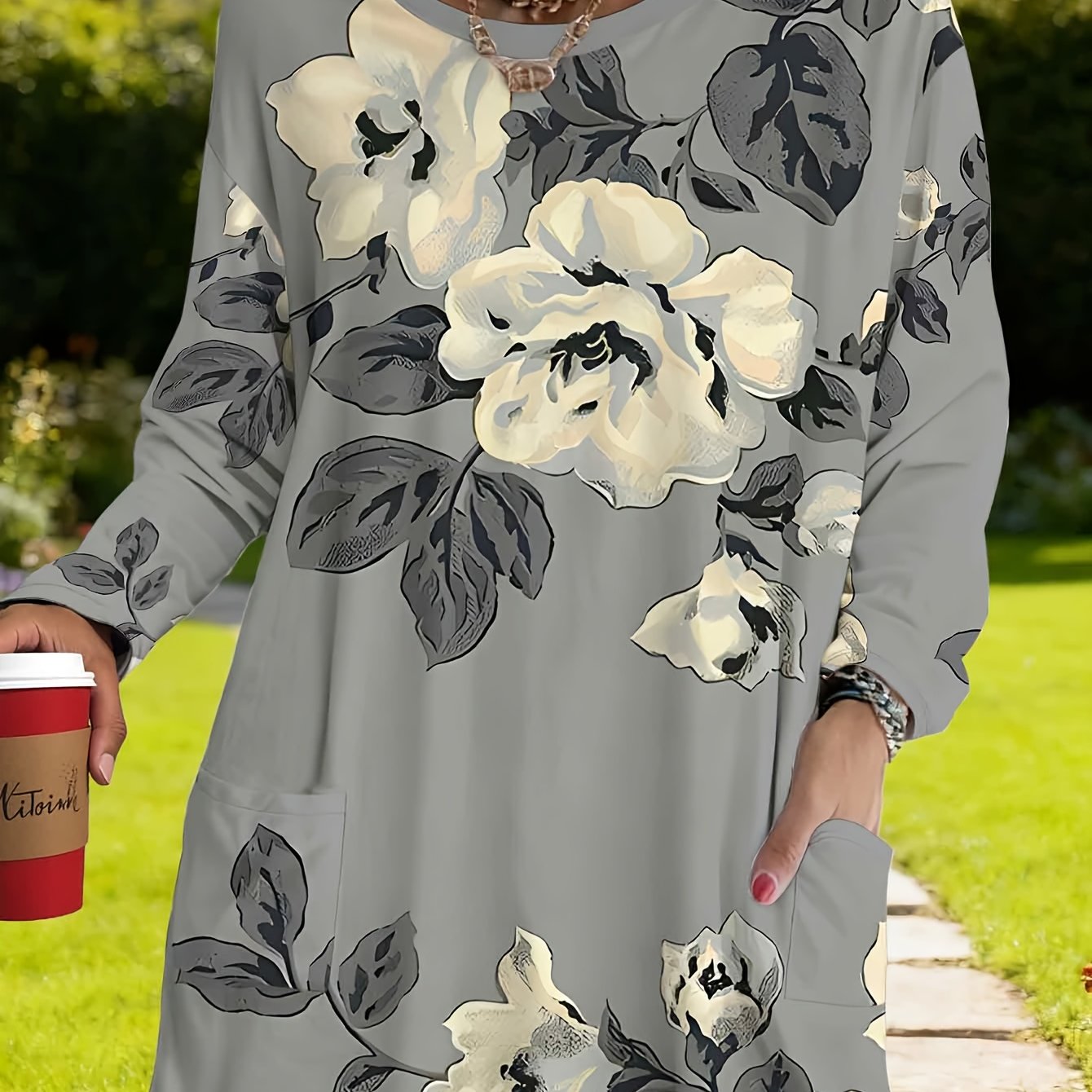 TEMU Plus Size, Gray Vintage Floral Long Sleeve Plus Size Women's T-shirt With Double Pockets, Round Neck, Unique Cool