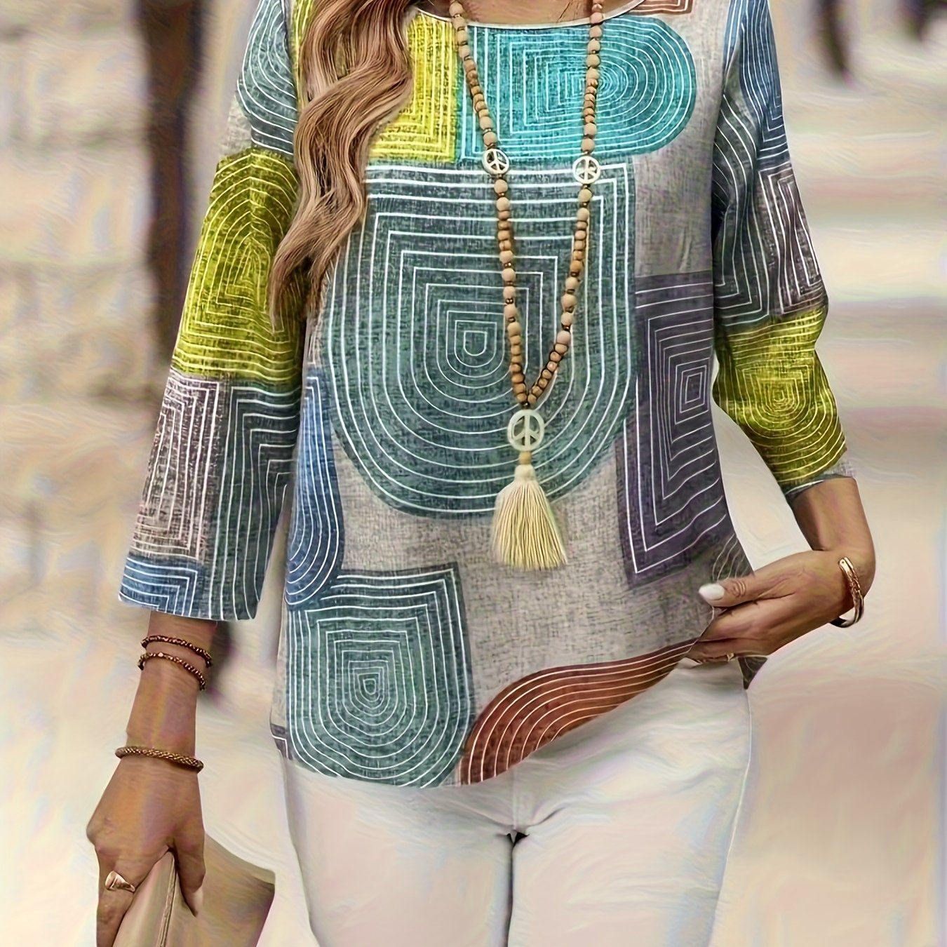 TEMU Elegant Irregular Print Crew Neck 3/4 Sleeve Shirt | Geometric Pattern, Suitable For Spring/fall Season