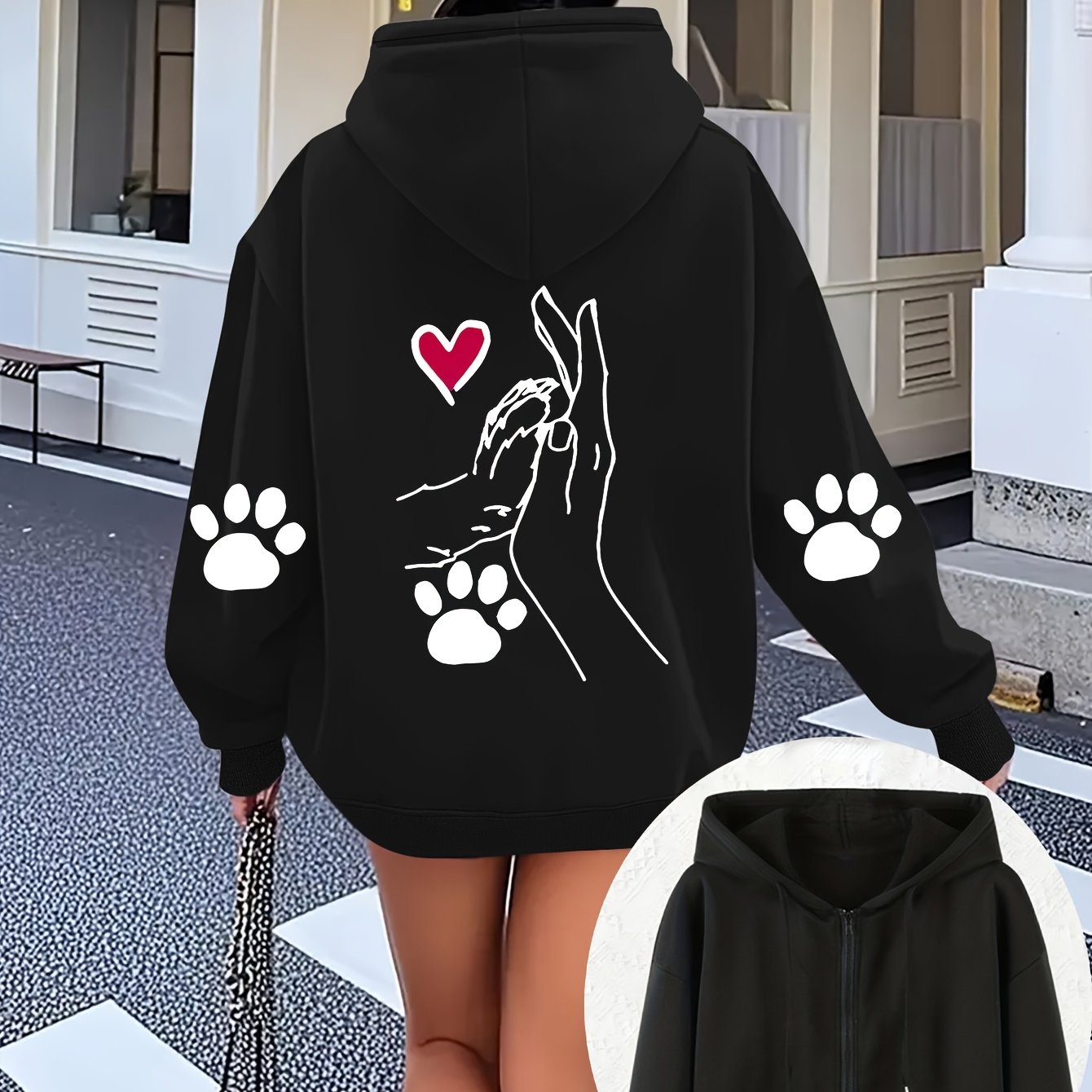 TEMU A Stylish Autumn And Winter Zip-up Hoodie For Women Featuring A Geometric Print Of Creative Animals And Humans Coexisting