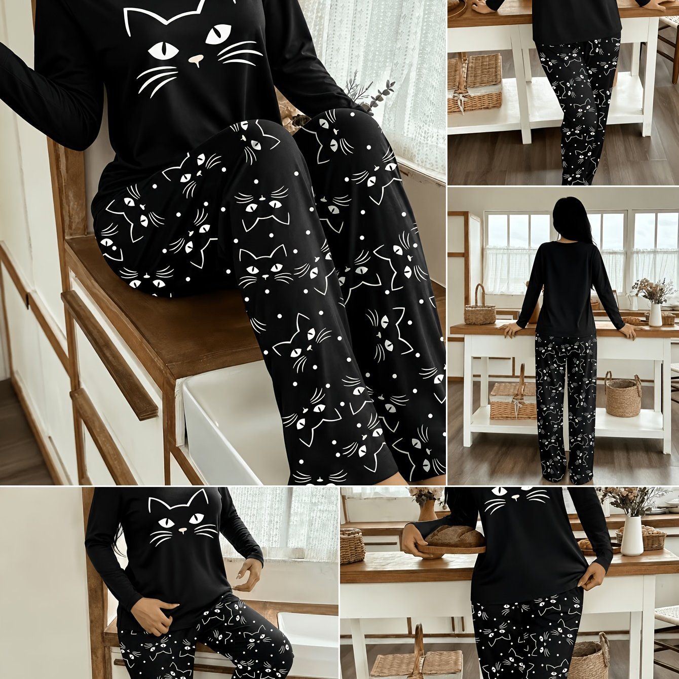 TEMU Women's Pajama And Loungewear 2pcs Set, Spring Summer Autumn Casual Sleepwear, Wear Set, Comfortable For Home Use, Kitten-themed Pajama Set,
