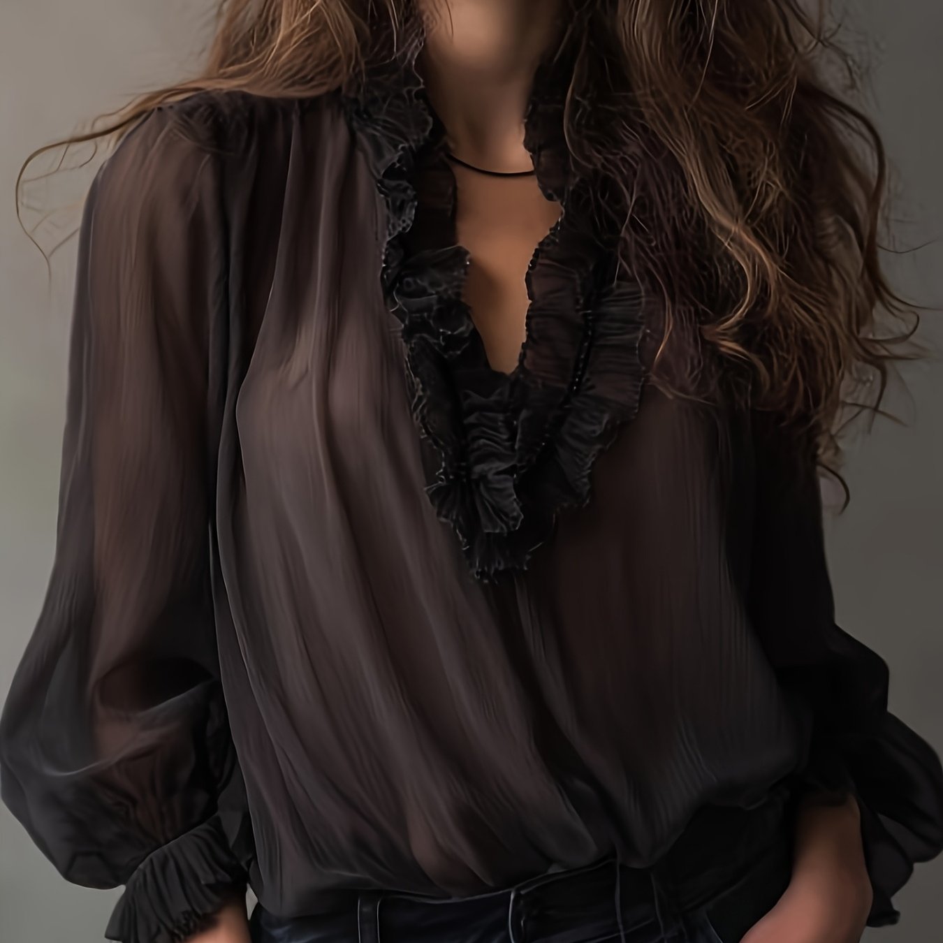 TEMU Retro Elegant Style Black V-neck Top, Sheer Puff 3/4 Sleeves, Suitable For Evening Parties/vintage Dates/light Luxury Afternoon Tea