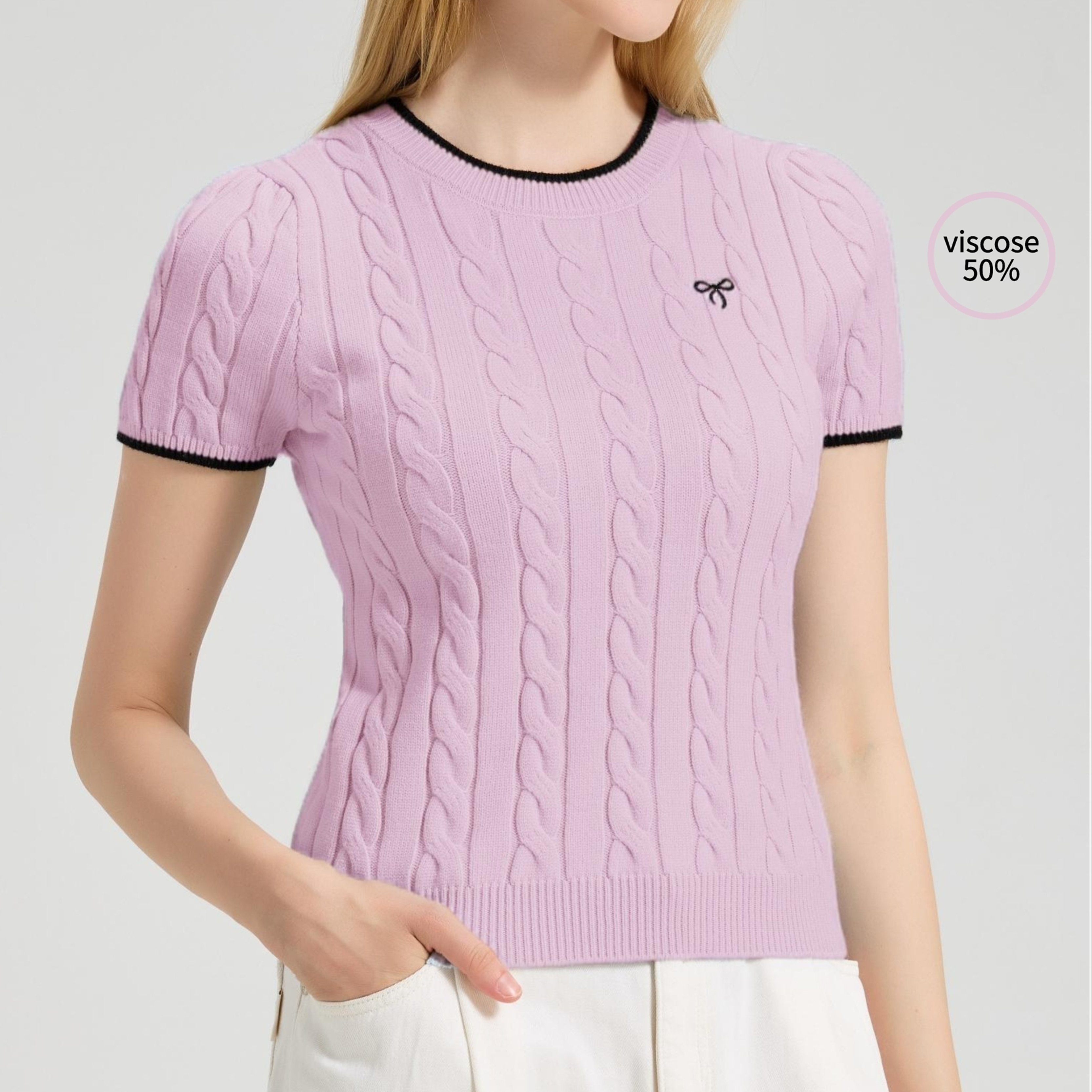 E-shop DP022358 Katzenohndesign Damen Kurzarm-Oberteil - Elegante Zweifarbige Kanten, Weich & Nicht-Nachstrumpfend, Für Frühling/Sommer/Herbst, Lässige