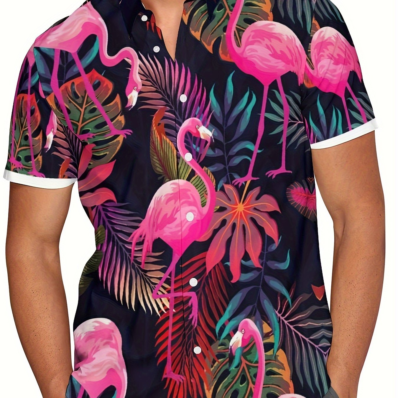 Image of Men's Hawaiian Shirt, Flamingo & Tropical Leaf Graphic Print Shirt, Casual Fashion Short Sleeve Shirt For Summer Beach Vacation, Plus Size