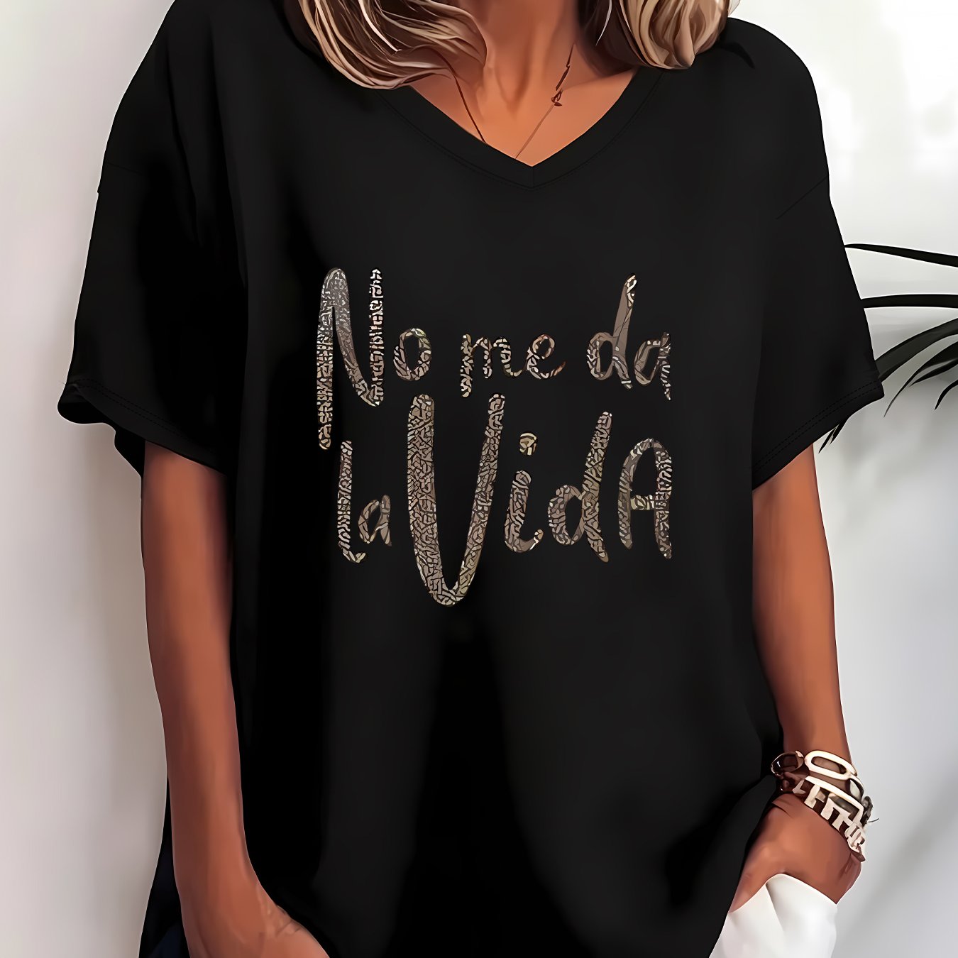 TEMU Talla Grande - Da Español No T-Shirt de Manga Corta para Mujer Talla Grande 1XL a 8XL Cuello en V Jersey Adecuado para Usar en Todas Casual