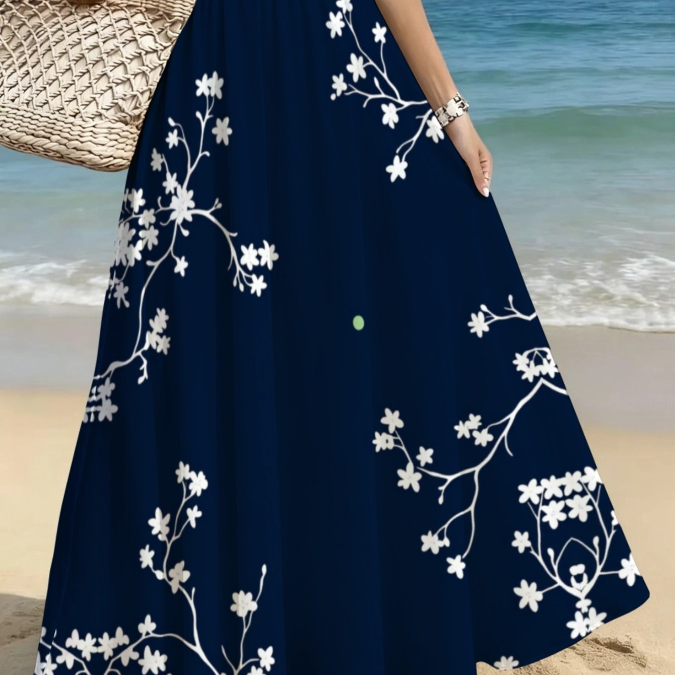 TEMU Lianyaoshi Women' Navy Blue Maxi Skirt - Full-length Floral Print Suitable For Beach Vacation, Casual Outfits & Photoshoots | Lightweight