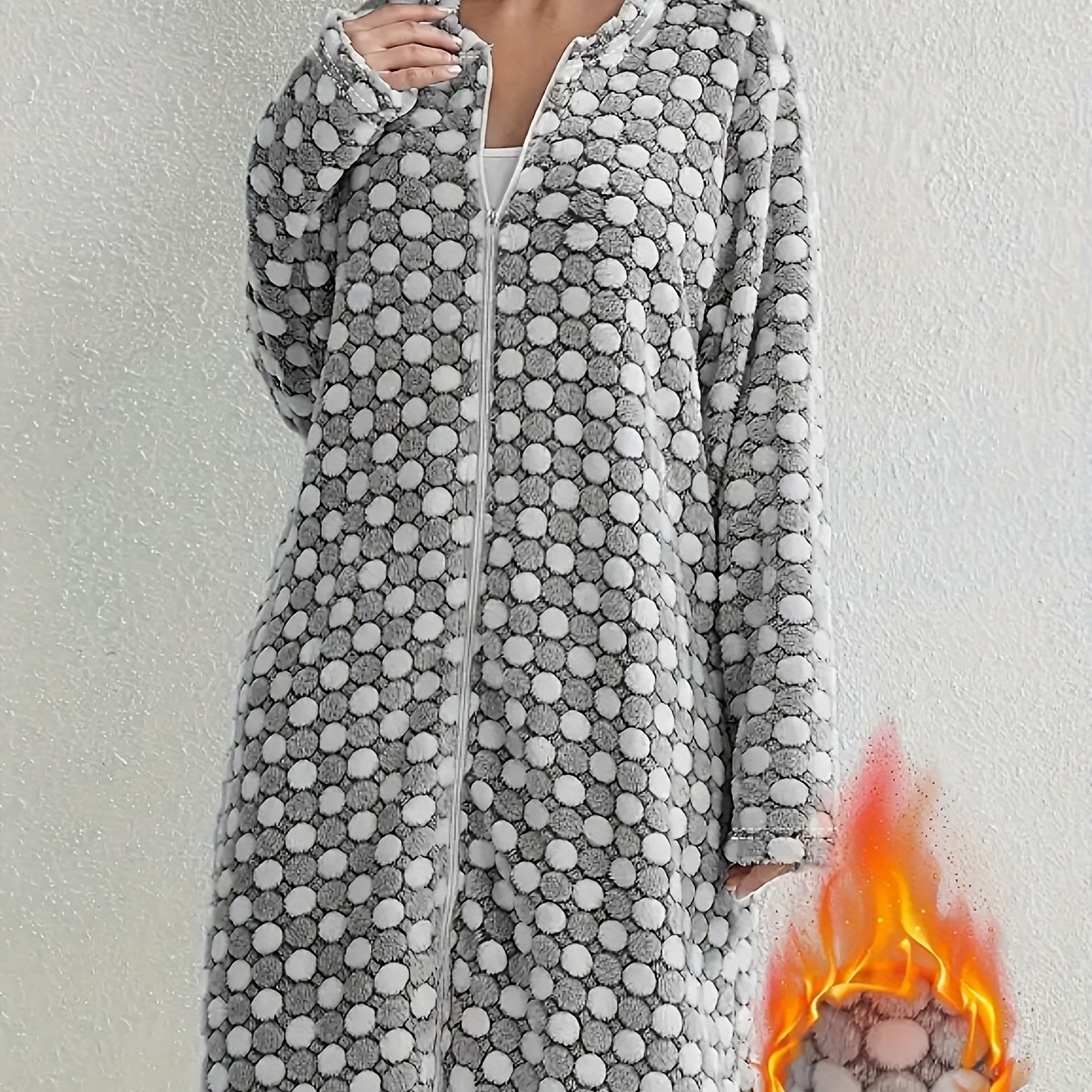 Image of Women's Elegant Thickened Flannel Nightgown With Robe Dress - Full-length Zipper Closure, Pajama Dress With Pockets, Machine Washable Winter Sleepwear For , Cozy Fall & Winter Dress