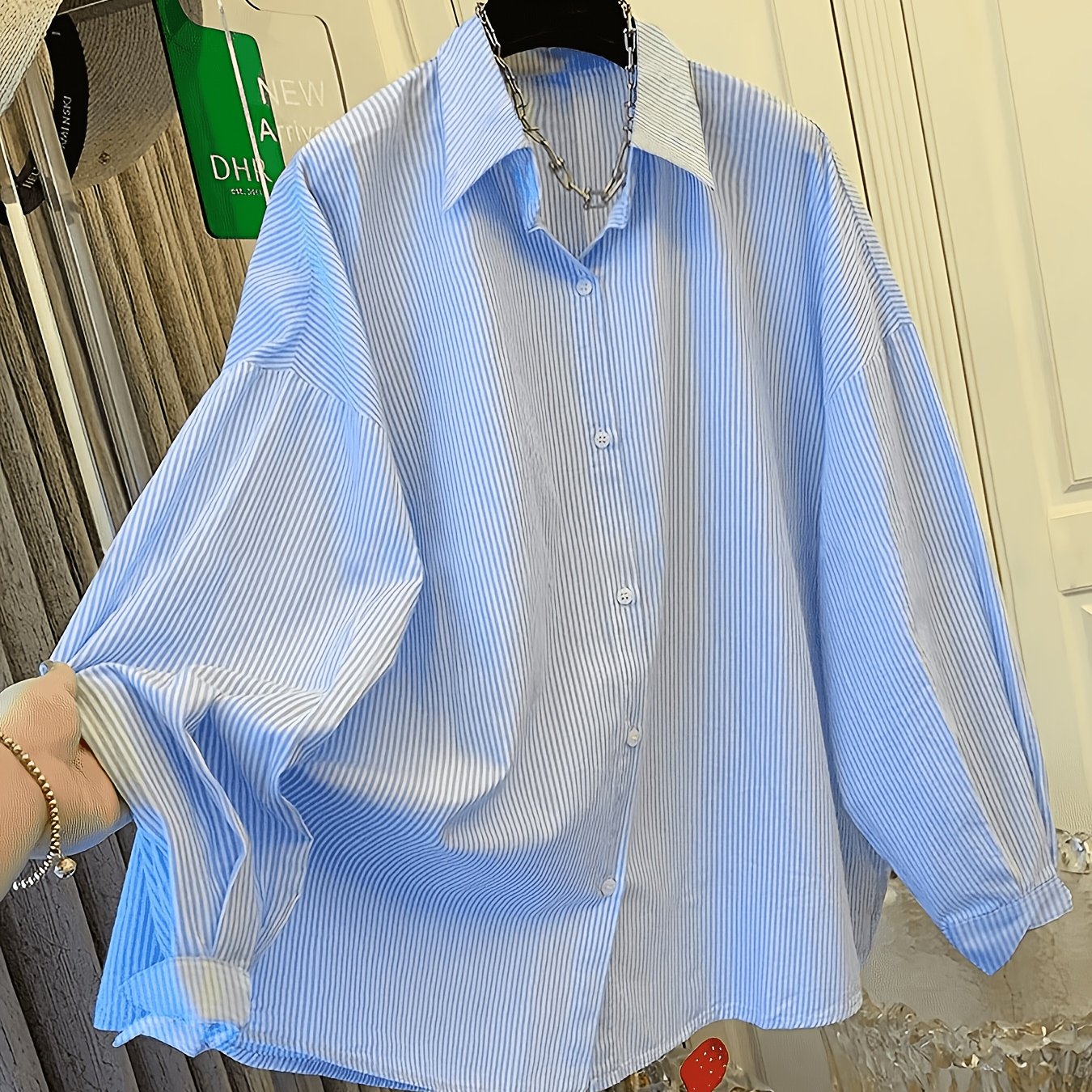 TEMU Women's Blue And White Striped Shirt, Loose Fit With Design, Suitable For Commuting, Casual Wear, Beach, And Spring Vacation