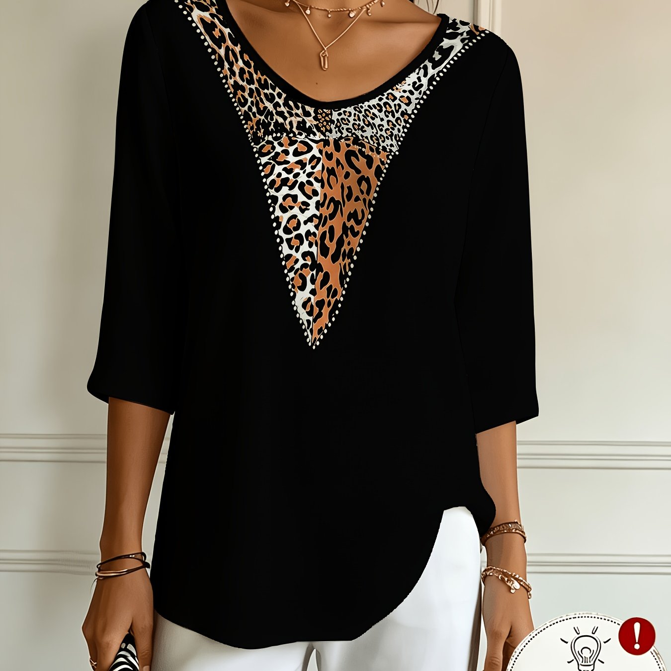 TEMU Printed Design Non-texture Women's Easy Leopard Print Pattern V-neck Top, Three-quarter Sleeve Loose Casual Daily T-shirt - Additions Not