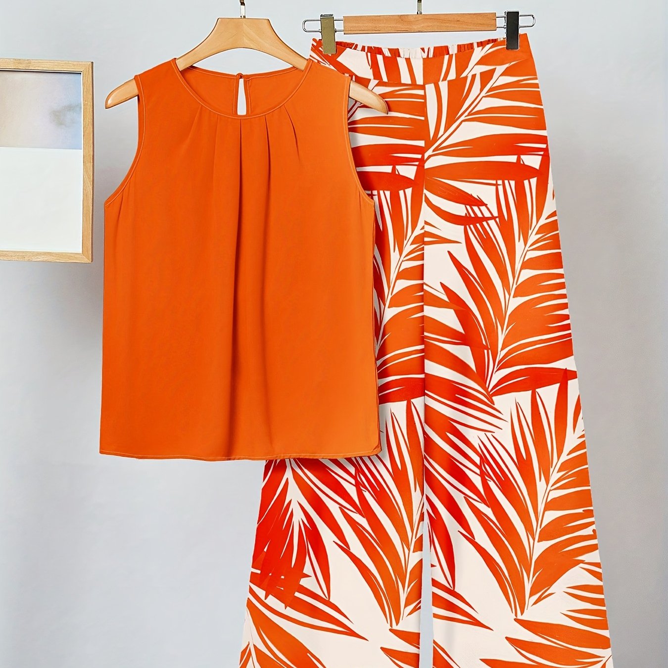 TEMU 2pcs Set Women's Orange Printed Vacation Outfit, Suitable For Summer Women's Wear Women's Elegant Vacation Wear Women's Beach Vacation Wear