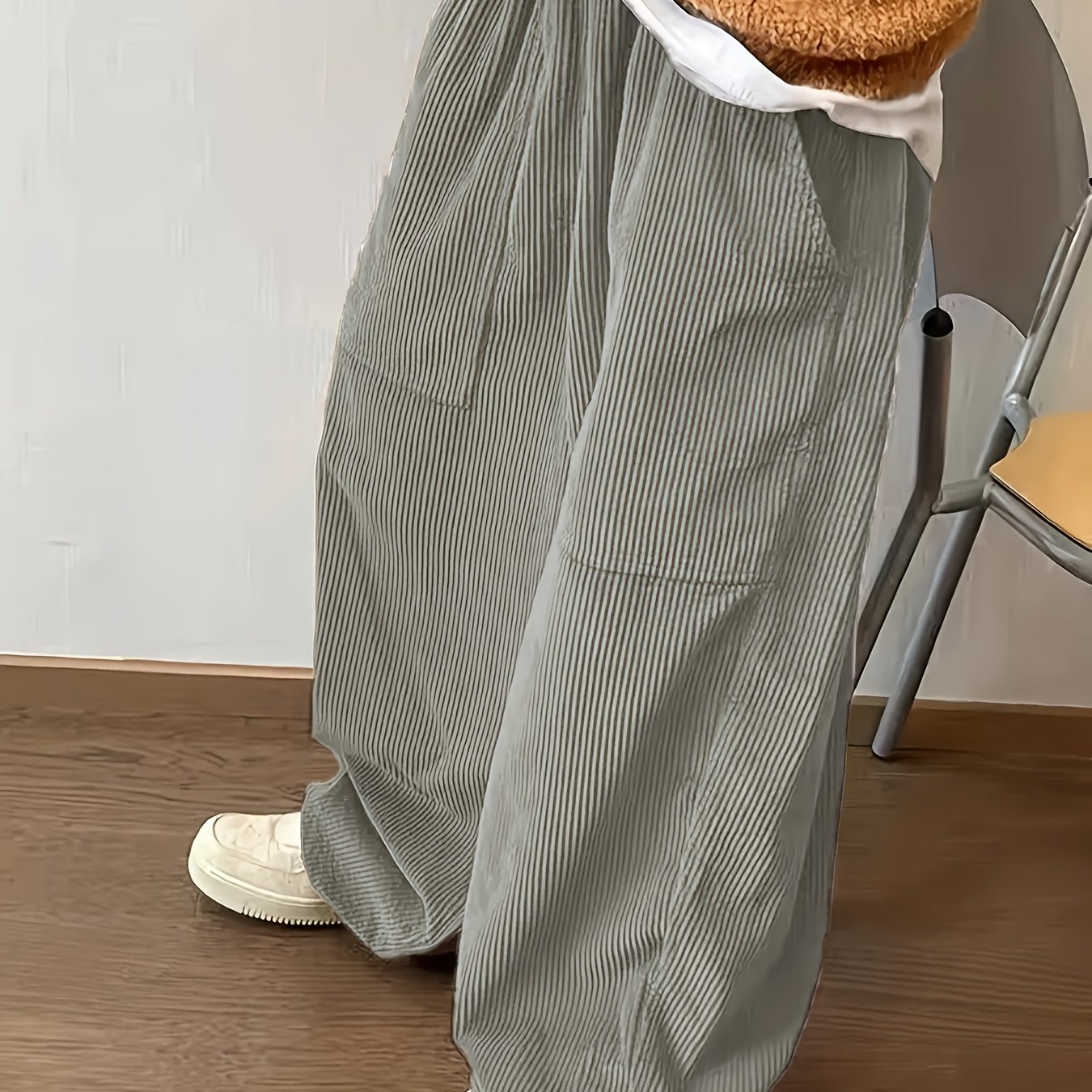 TEMU Men's Casual Relaxed Fit Crotch Drop Corduroy Pants With Pockets, Solid Color, Machine Washable