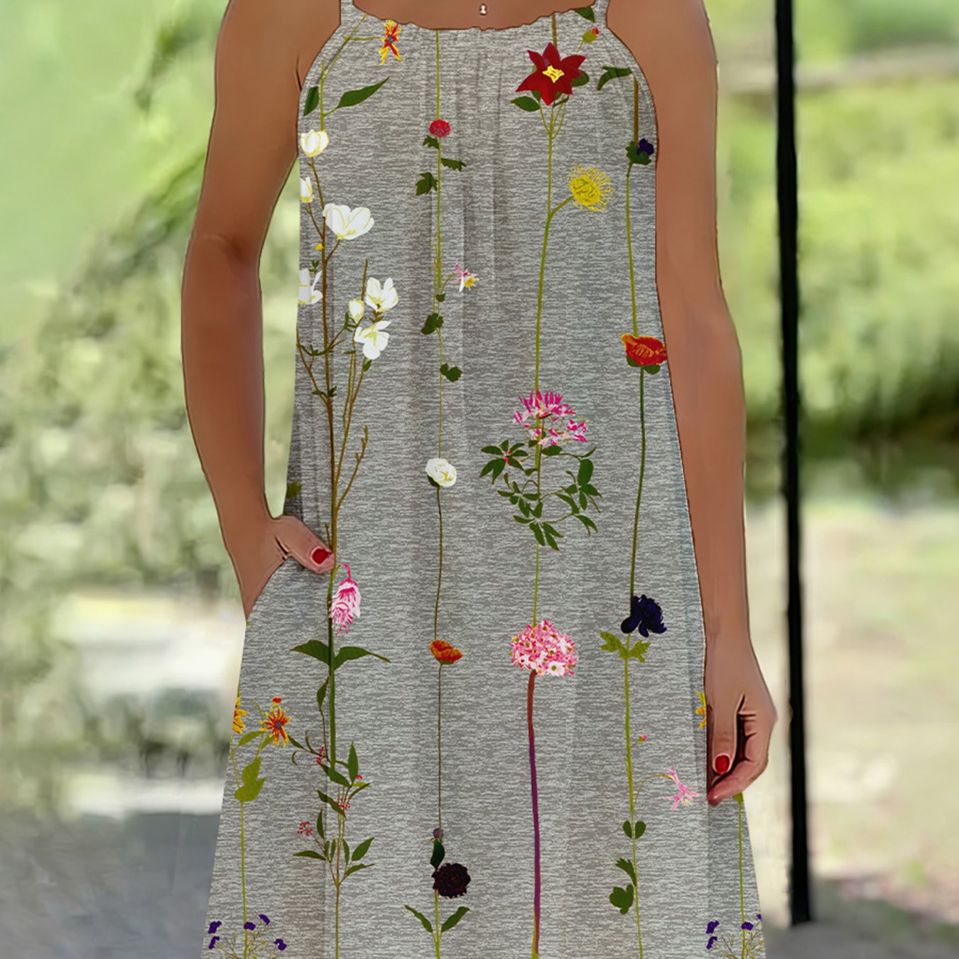TEMU Plus Size, 2026 Summer Women's Elegant Casual Printed Round Neck Camisole Dress-1766
