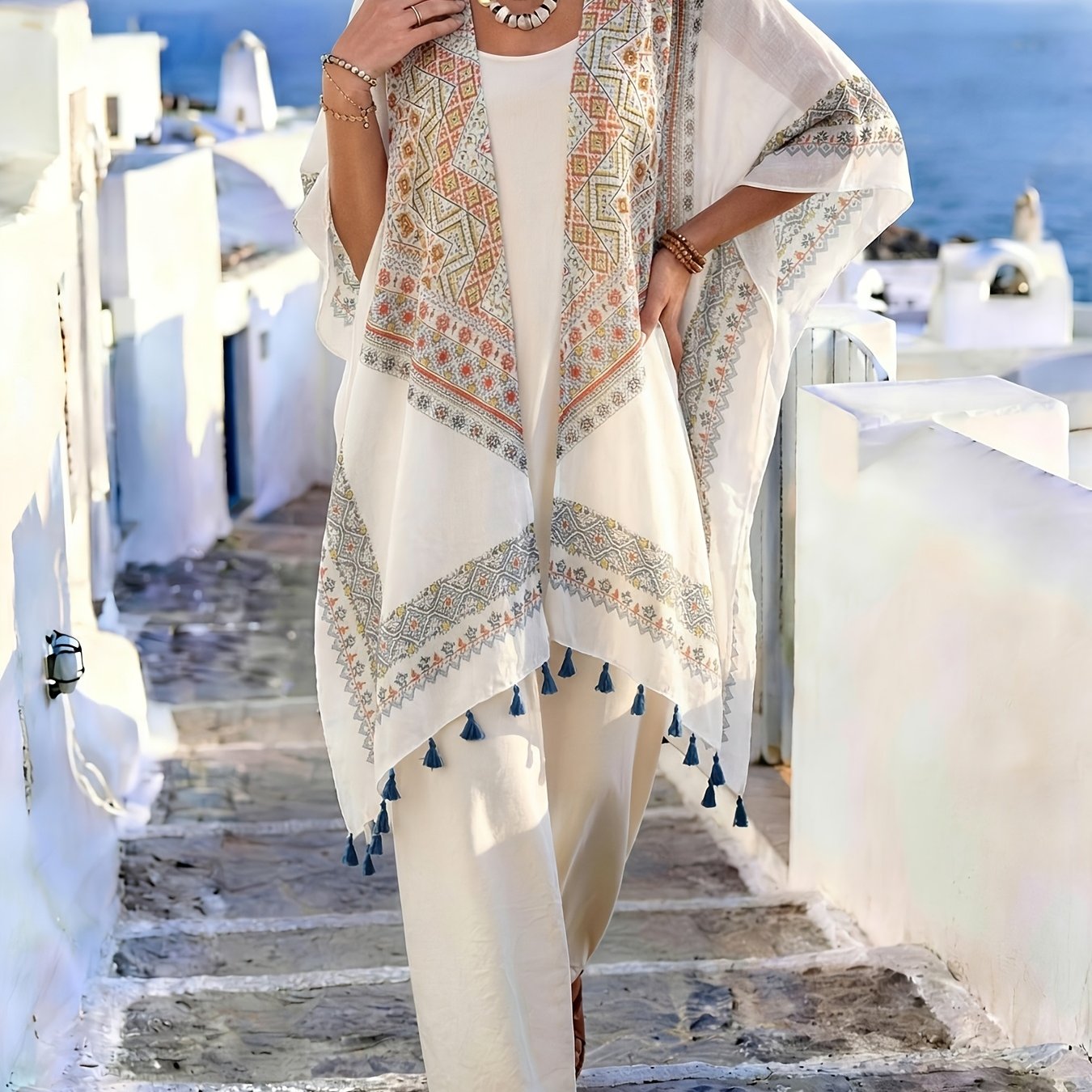 TEMU Plus Size - Women's Bohemian Navy Ethnic Style Geometric Floral Print Open Cardigan