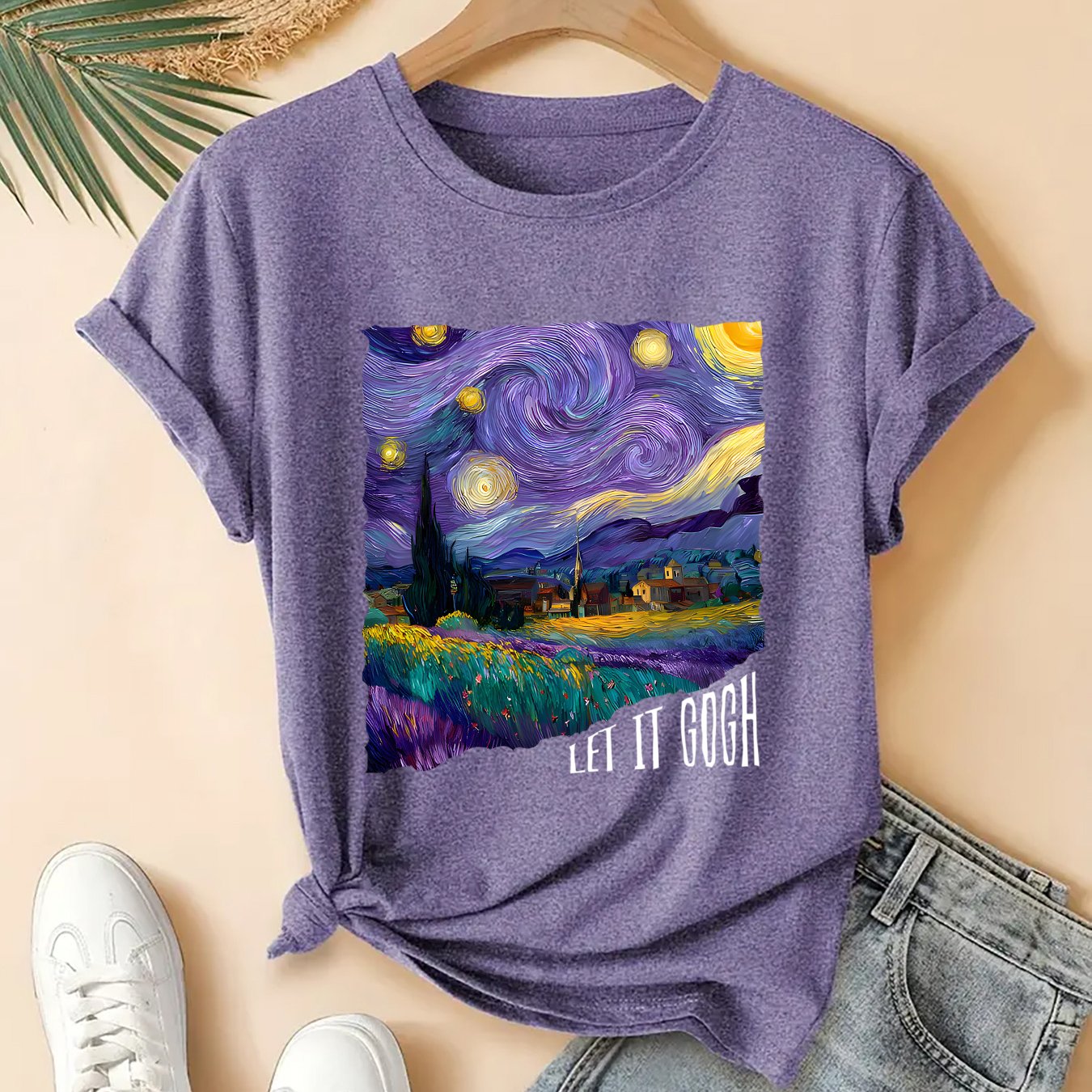 TEMU Women's Elegant Plus Size Short Sleeve T-shirt, Van Gogh "starry Night" Oil Painting " Gogh" Fun Printed Pattern Round Neck Casual Sport Tee,