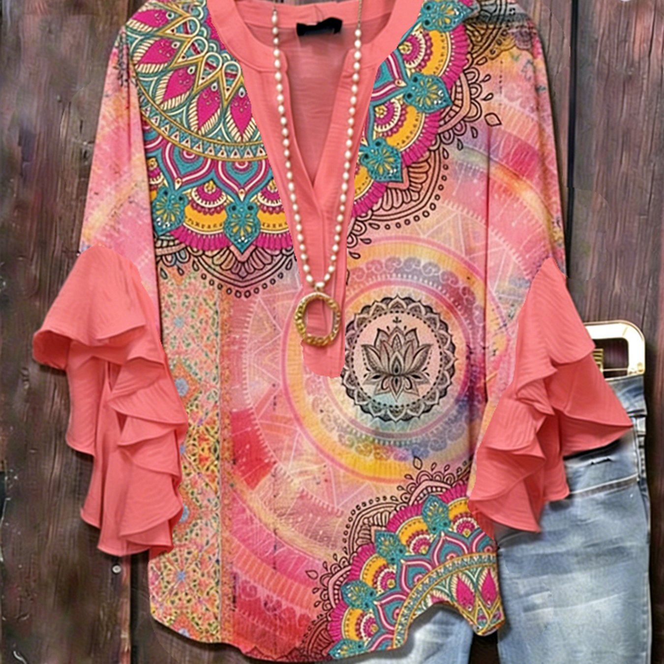 Image of Summer New Arrival Pink Tone Mandala Ethnic Style Print Ruffle Sleeve Top Outdoor Streetwear Comfortable Versatile Design Women Blouse
