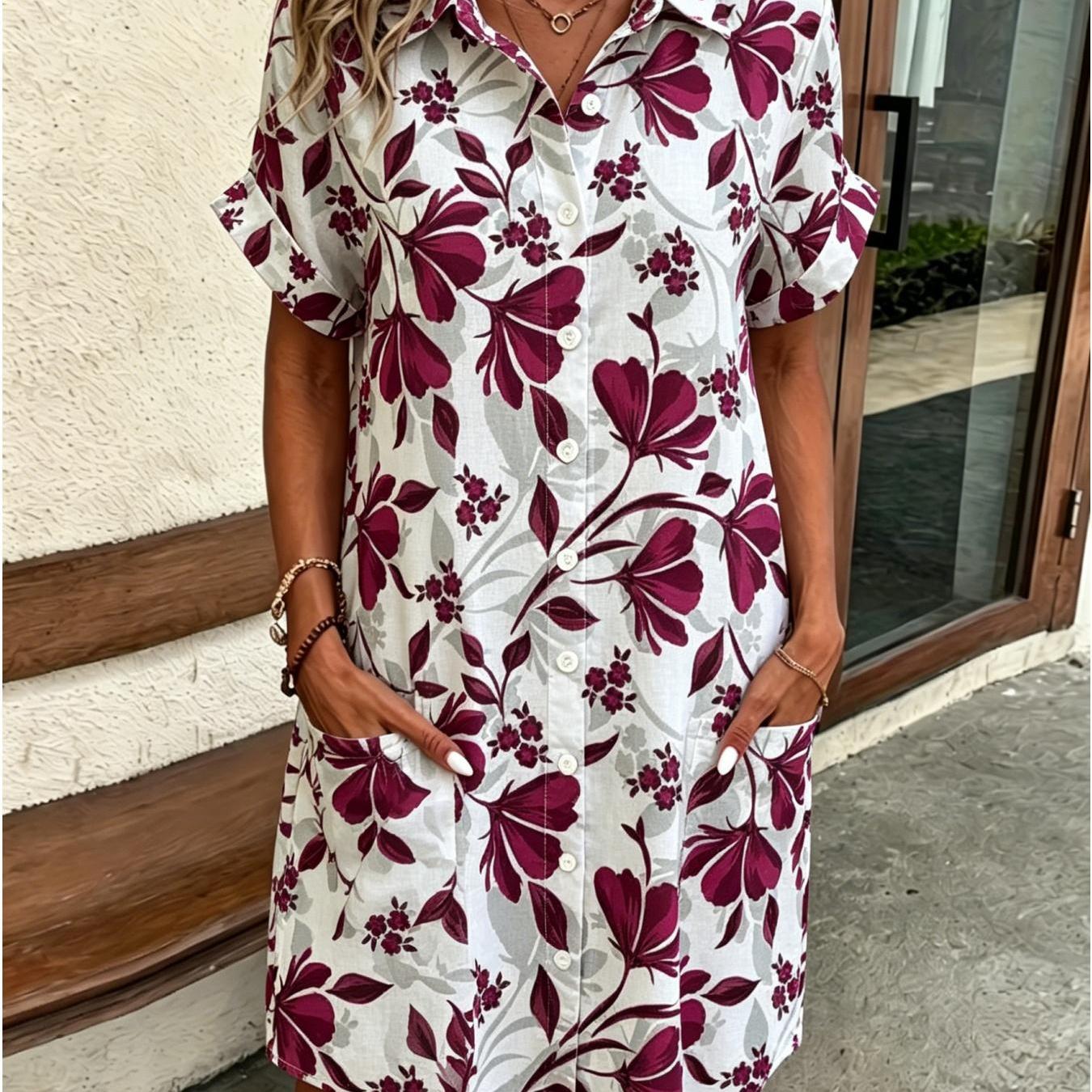 Image of Women's Summer Shirt Dress Burgundy Floral Leaves Print Elegant And Sophisticated Suitable For Button- 2 Pockets Machine Washable Perfect For Vacations Casual Wear Or As A Gift
