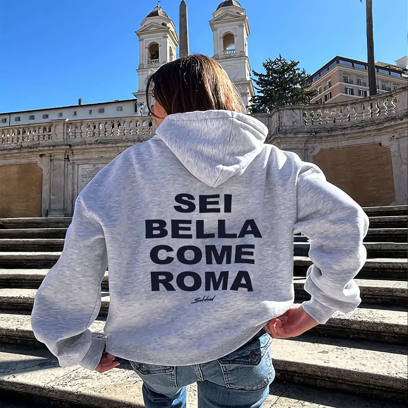 TEMU Women's Gray ' Come Roma' Graphic Hoodie- Italian Design, Casual Pullover With Palm Tree And Print, Machine Washable, Perfect For Italian