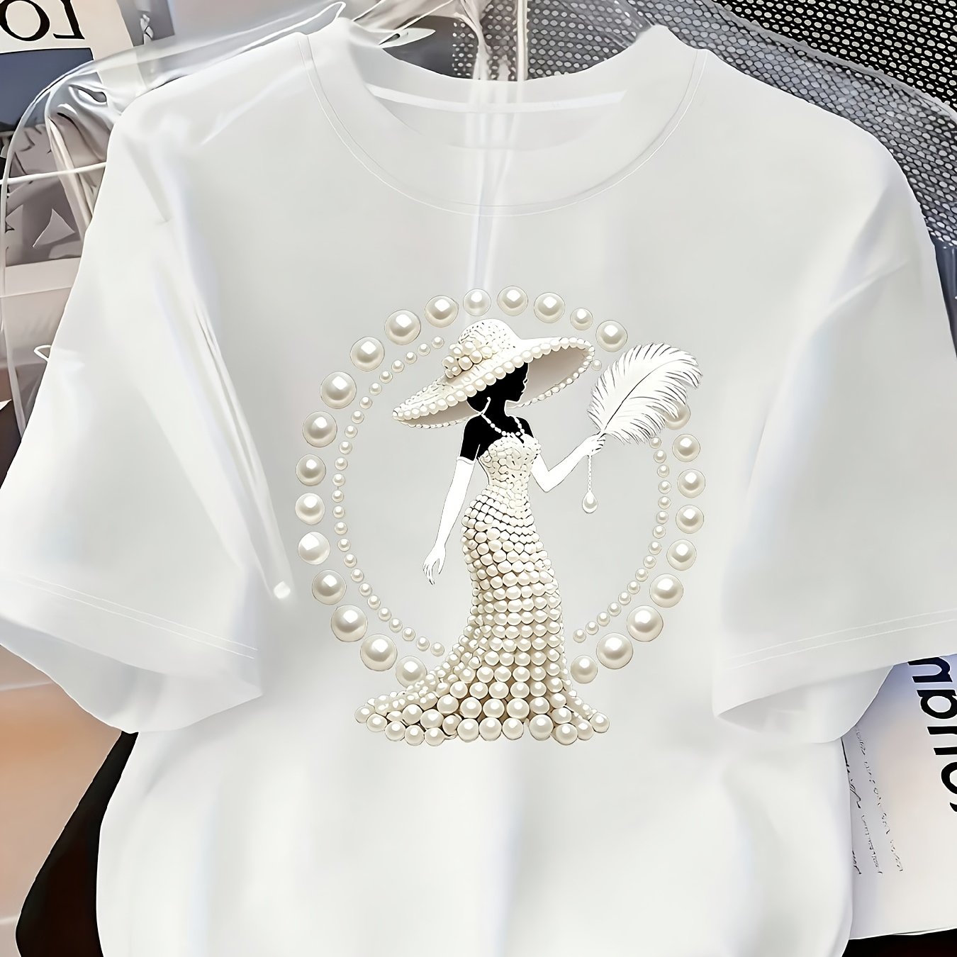 TEMU Women's Casual Short-sleeve T-shirt With Pearl Print. Regular Neck Top, Suitable For And Machine Washable. A Must-have For Daily Wear
