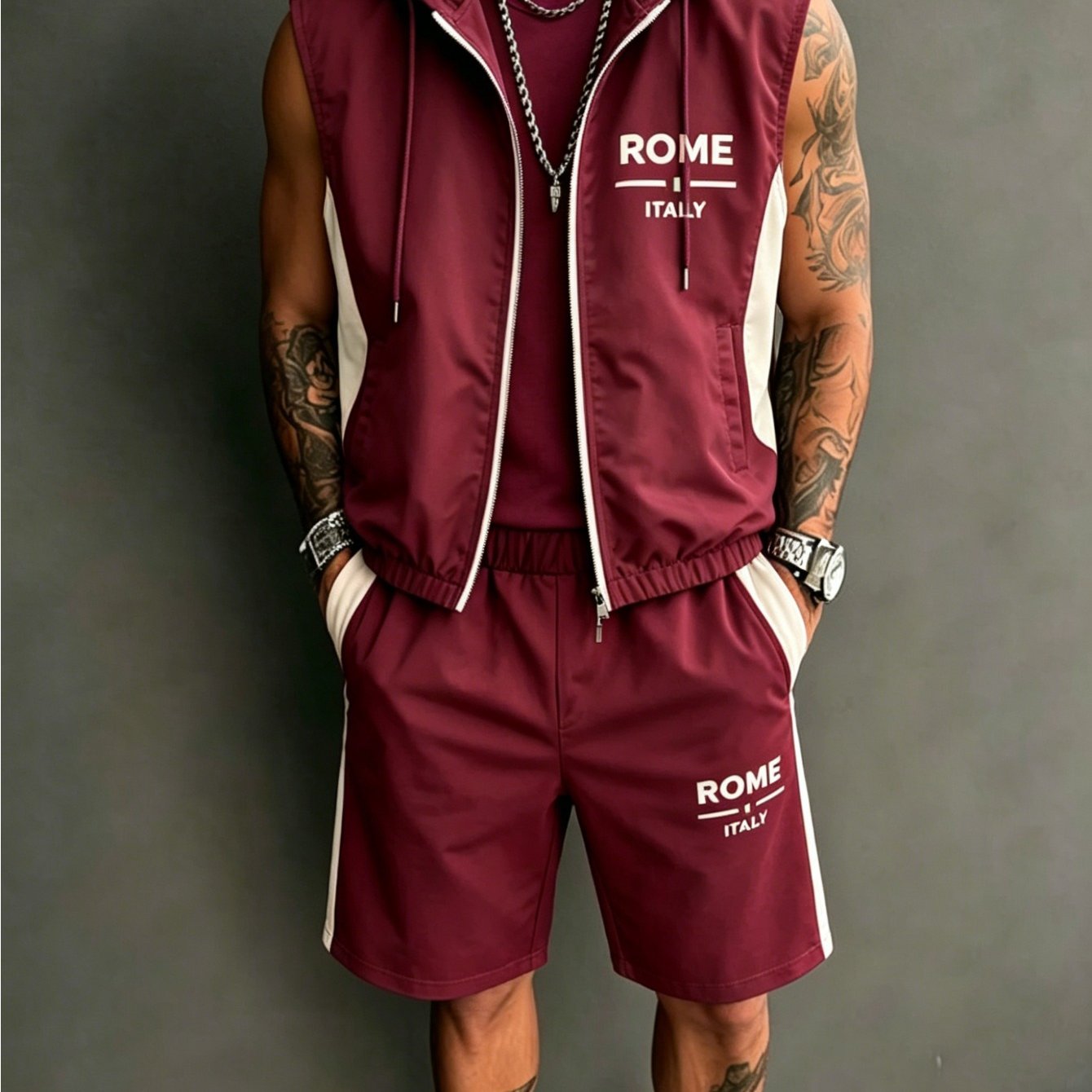 Image of New Style Mens Casual 2pcs Set Hooded Sleeveless Top And Color Block Shorts Burgundy And Block With Rome Italy Pattern Sporty Outfit Plus Sizes For Summer Daily Wear