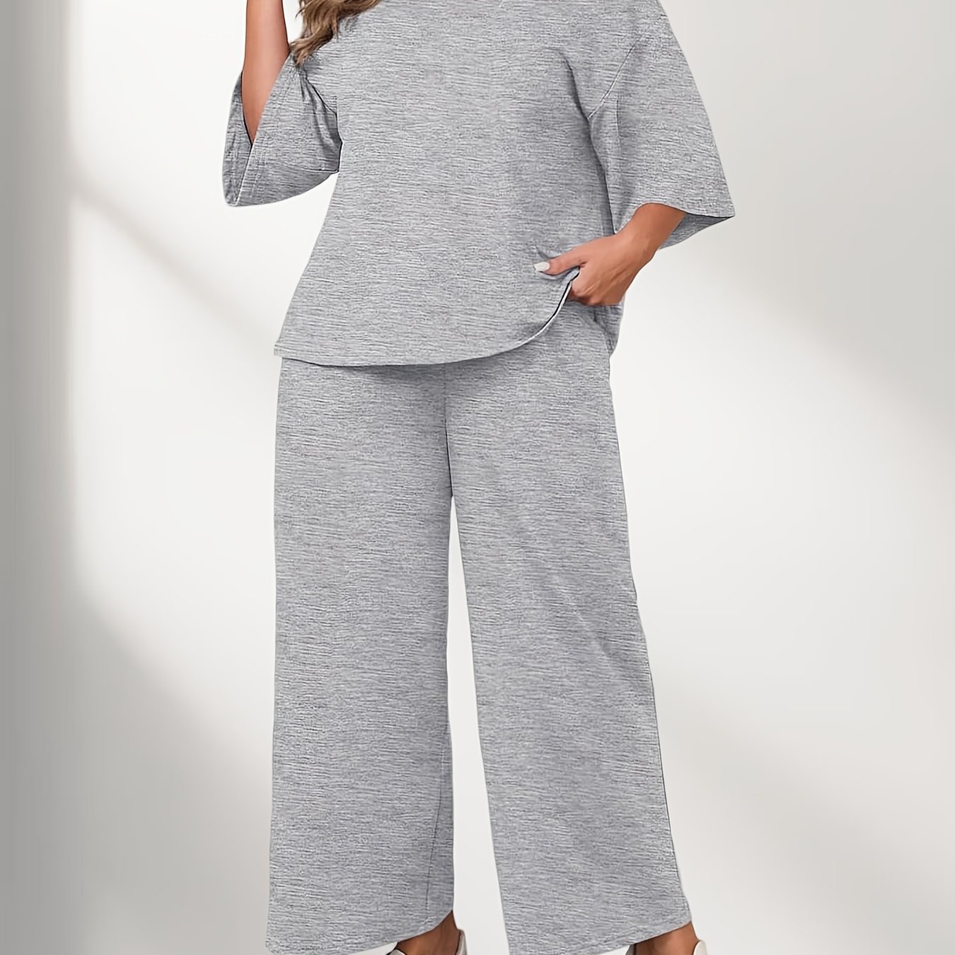 Image of Plus Size - Plus Size - Womens Plus Size 2pcs Outfits | 3/4 Sleeve Tops And Wide Leg Pants Loungewear Pajamas Sets With Crew Neck, Solid Color, Stretch Fabric, And Pocket Details
