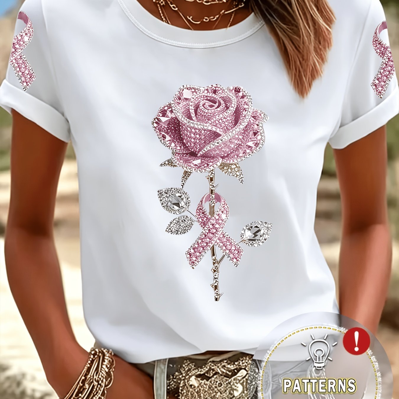 TEMU T-shirt à col rond pour femme avec imprimé thermocollant à paillettes et strass dorés et , rose dégradé rose et blanc, dégageant de luxe,