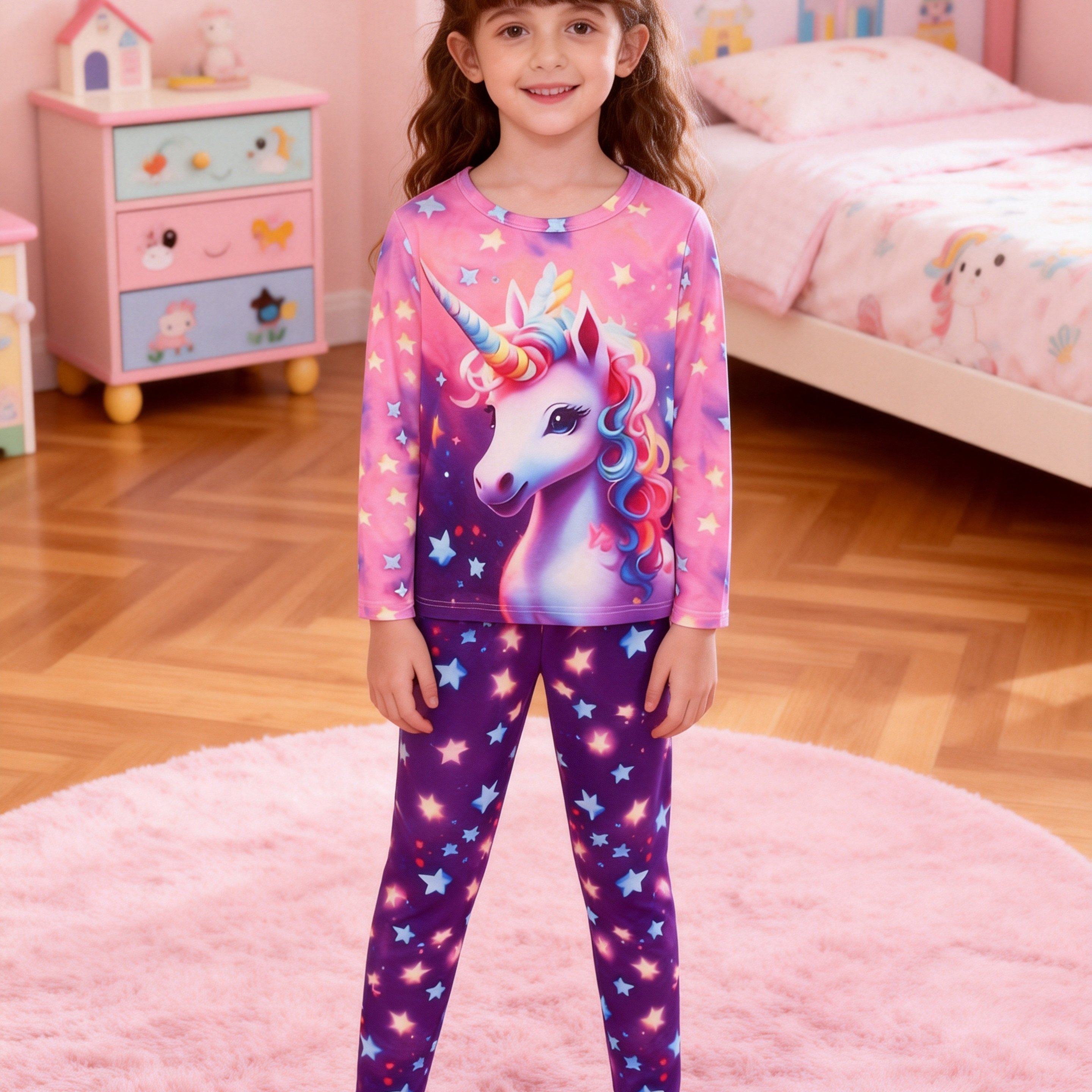 [1 Set] Girls' Set 2pcs Smiling Unicorn Long Sleeve And Pants Set Skin-friendly Soft Comfortable Breathable Warm
