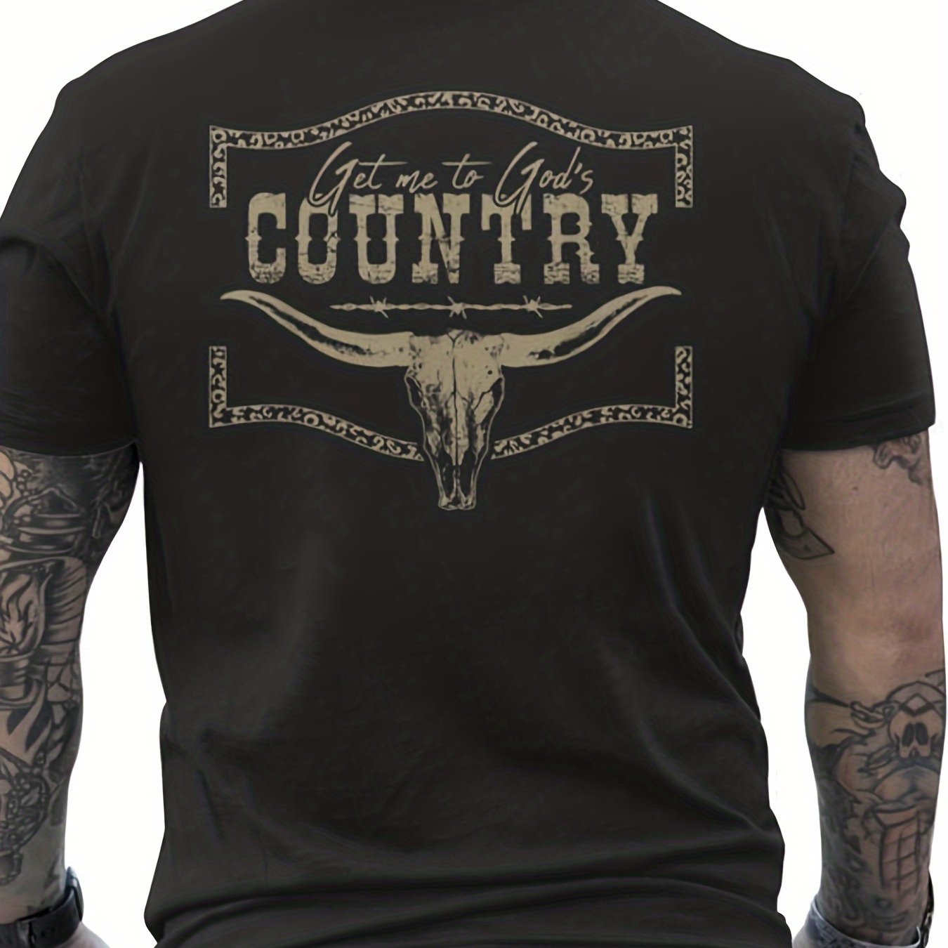 Men's Cowboy Skull Graphic Tee Black And Beige Denim Shirt Loose Fit Heavyweight Cotton Shirt For Country Concerts, Ranch, Casual Casual Attire Breathable Top, Ranch Outfit, Streetwear
