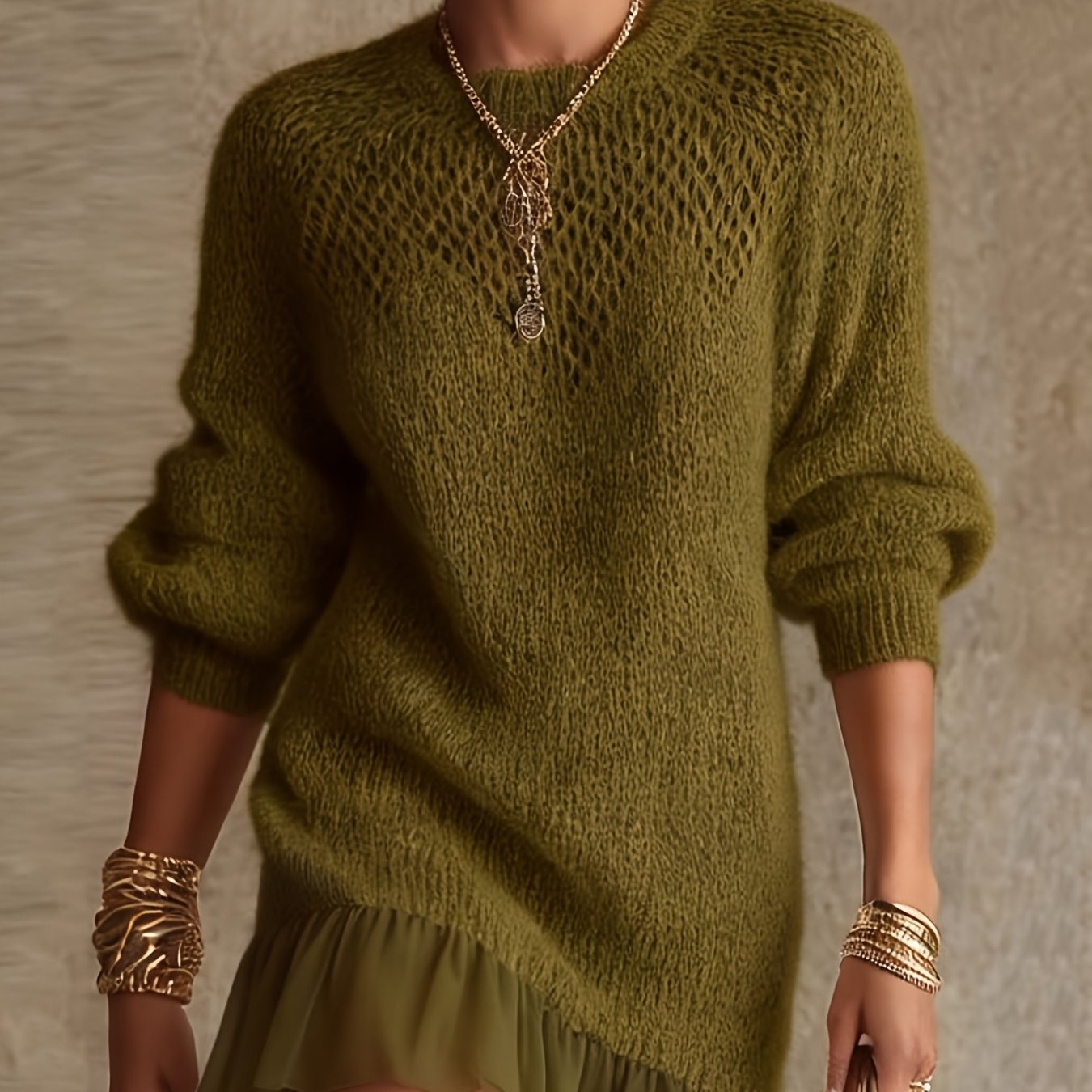 TEMU Elegant Women's Long Sleeve Round Neck Openwork Dress With Hem, Autumn/winter Light Outfit "niannian"