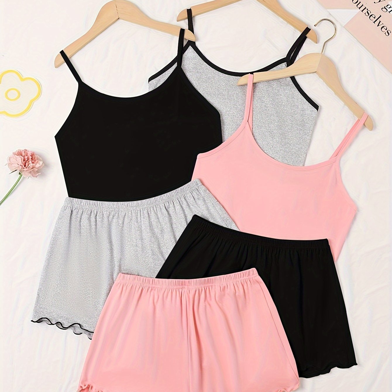 TEMU 3 Sets Of Casual Solid Color Spaghetti Strap Tank Top With Shorts, Comfortable And Soft, Suitable For Women's Spring And Summer Pajamas Sets
